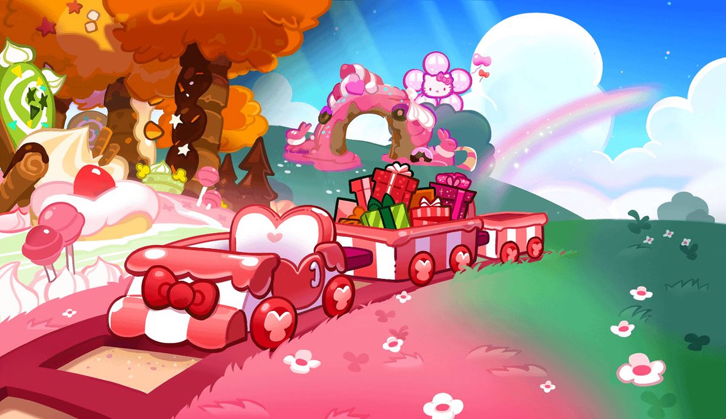 Cookie Run 桌布 壁紙 — 一列帶有心形細節的夢幻糖果火車，穿過充滿棒棒糖樹和彩虹天空的 vibrant 風景。
