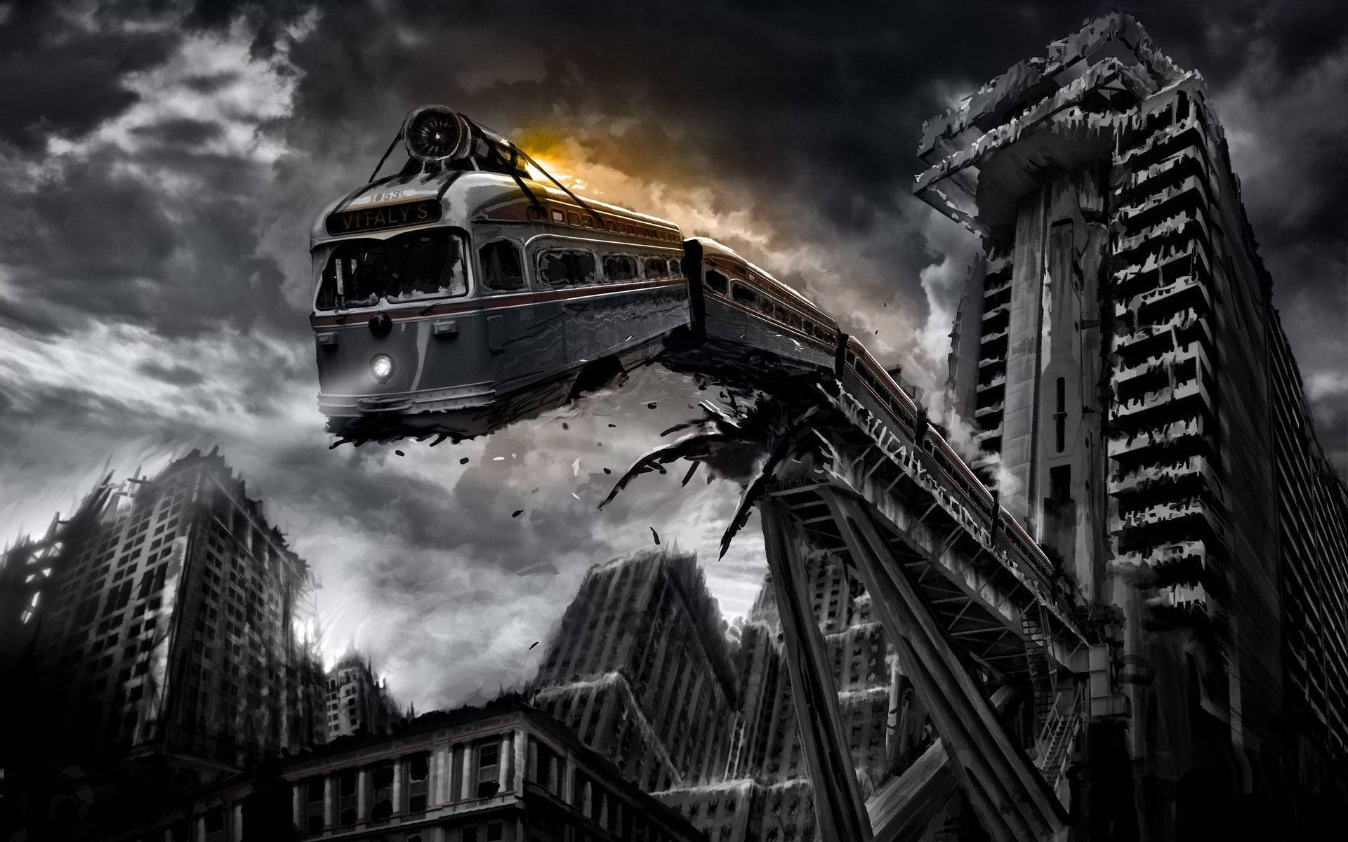 Building 桌布 壁紙 — 一列復古火車在暴風雨的天空下，穿過破碎的城市景觀，碎片飛揚，摩天大樓崩塌。