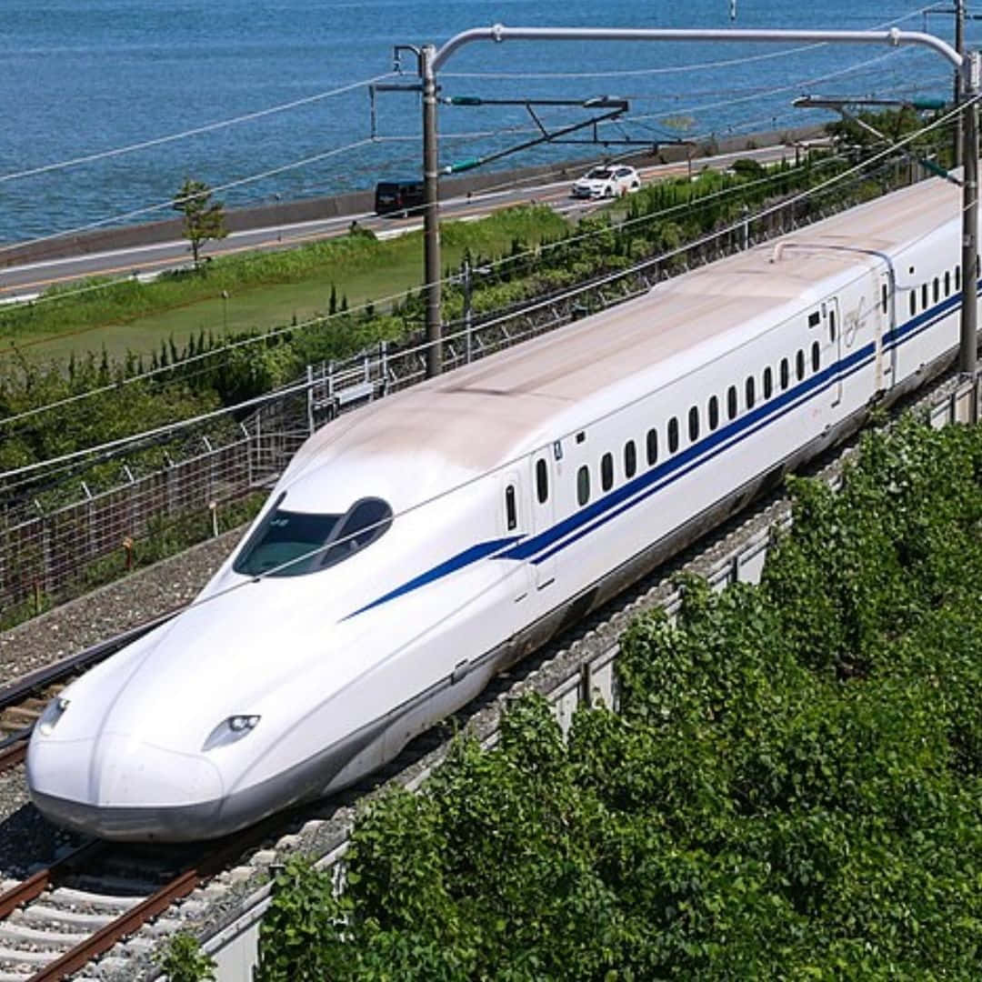 火車 桌布 壁紙 — 一列時尚的白色子彈列車帶有藍色條紋，沿著高架軌道在海岸公路和碧綠海洋旁疾馳。