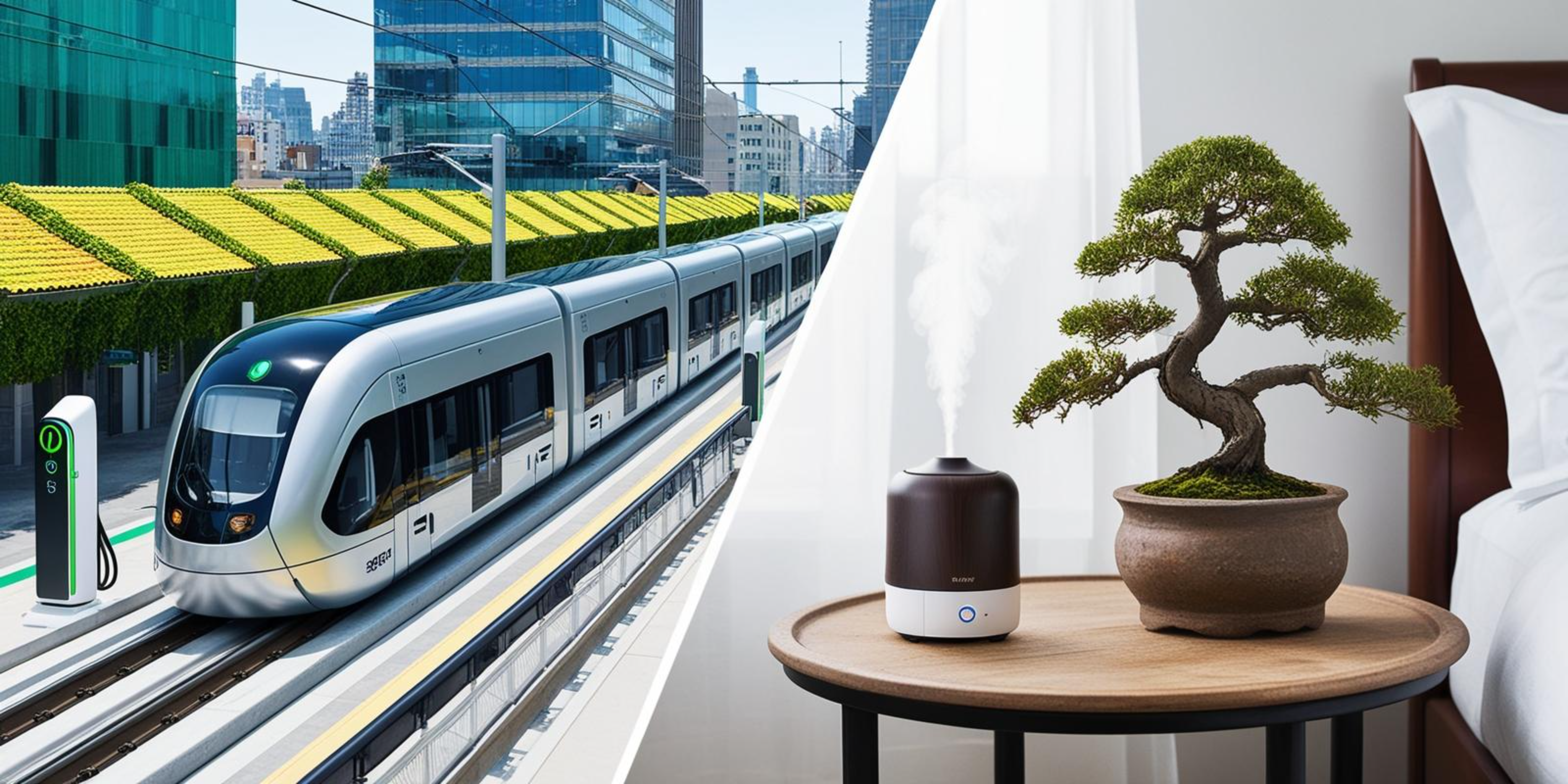 Bonsai 桌布 壁紙 — 一列時尚的銀色火車滑過充滿活力的黃色簷篷，而加濕器和盆景樹則放在床邊的木製床頭櫃上。