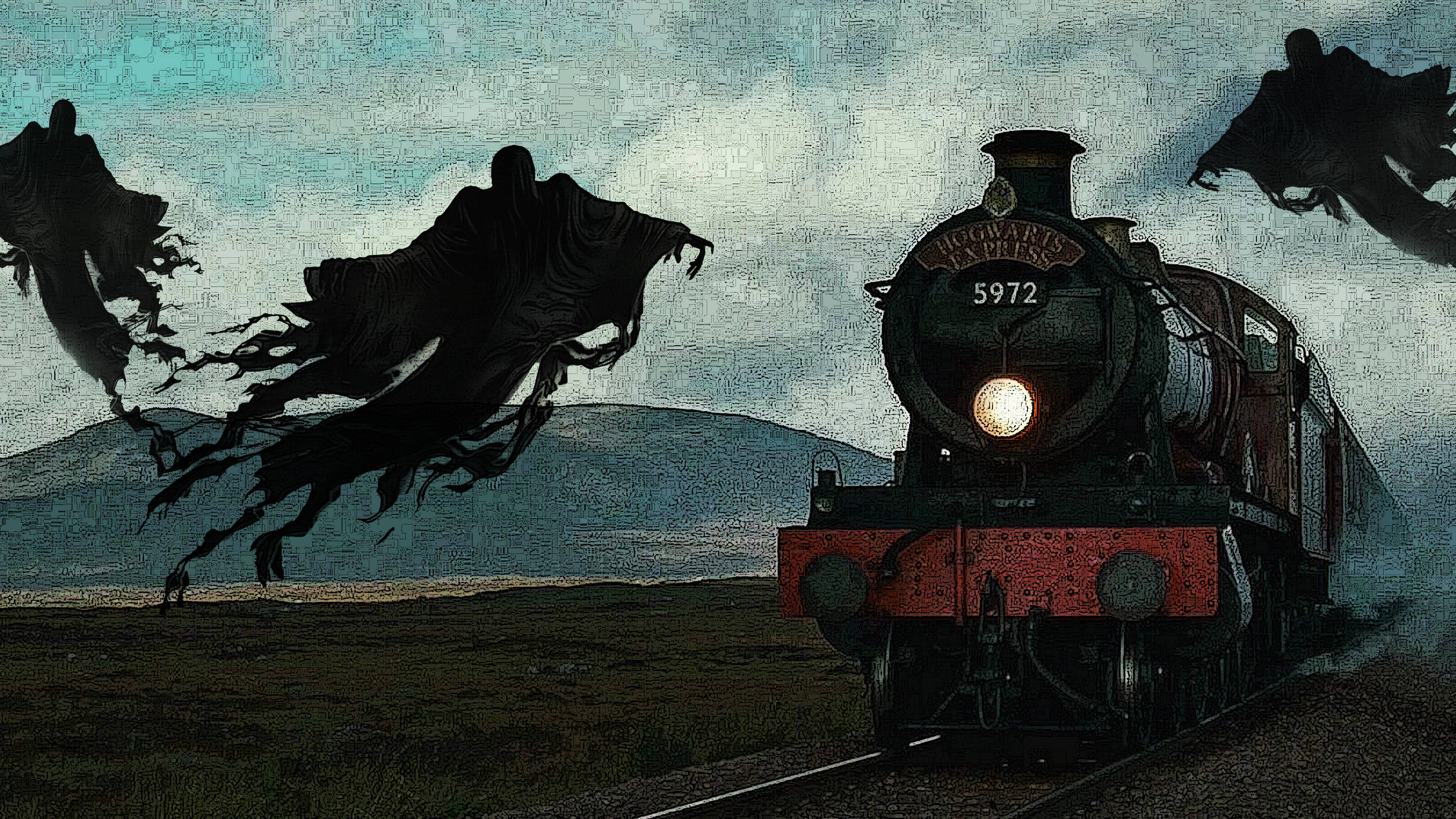 Hogwarts Aesthetic 桌布 壁紙 — 一列標有霍格華茲特快車的蒸汽火車在迷霧籠罩的風景中緩緩行駛，黑暗的幽靈般身影在上空盤旋。