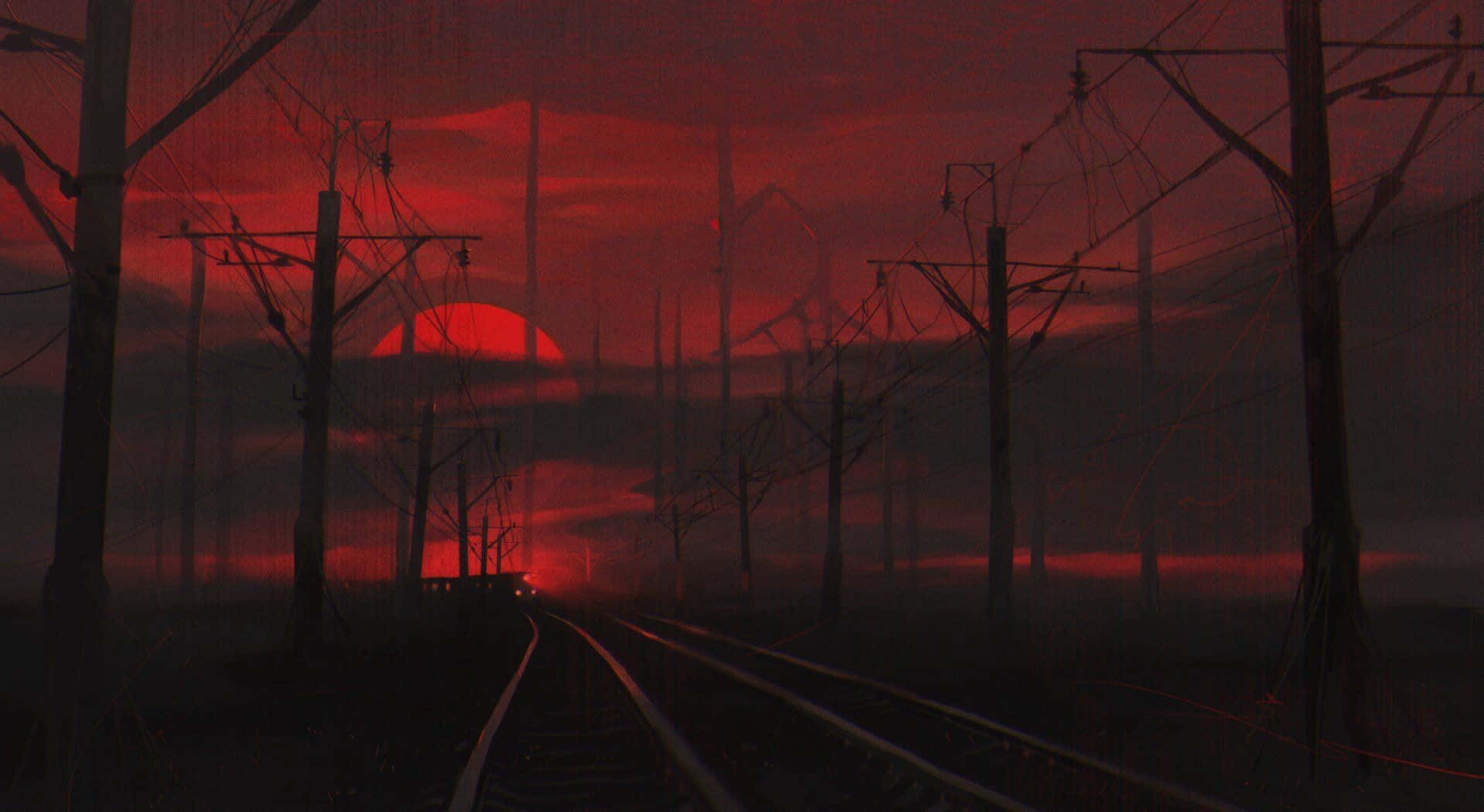 日落 桌布 壁紙 — 一列火車在暗黑的鐵軌上行駛，血紅的夕陽被剪影般的電線杆刺穿。