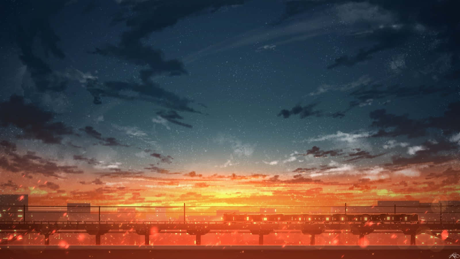 Horizon 桌布 壁紙 — 一列火車在繁星點點的暮色天空下行駛過橋樑，天空被火橙色和深藍色的雲彩渲染。