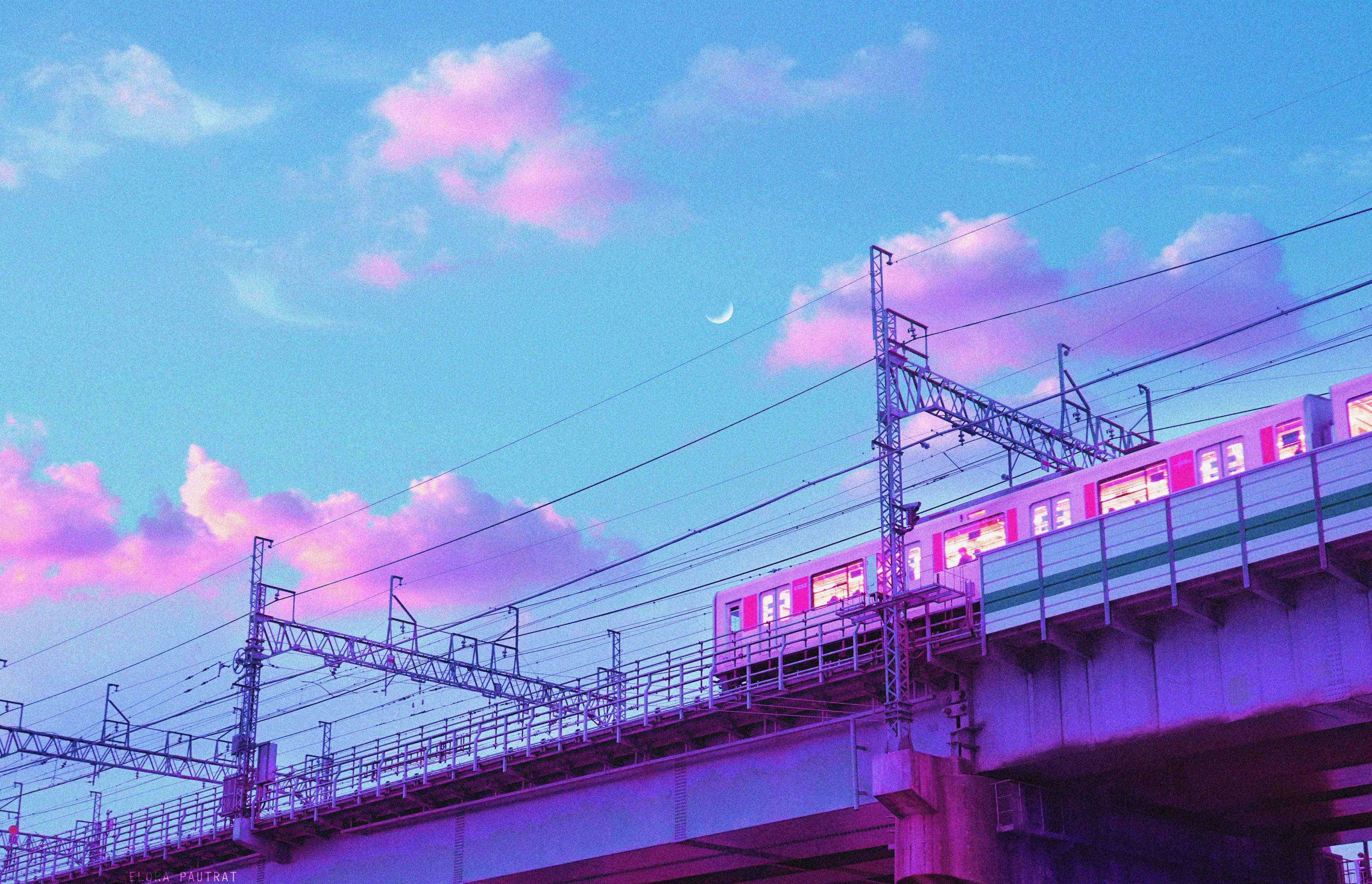 火車 桌布 壁紙 — 一列火車在繪有粉紅雲彩和新月的暮色天空下，滑過一座橋樑。