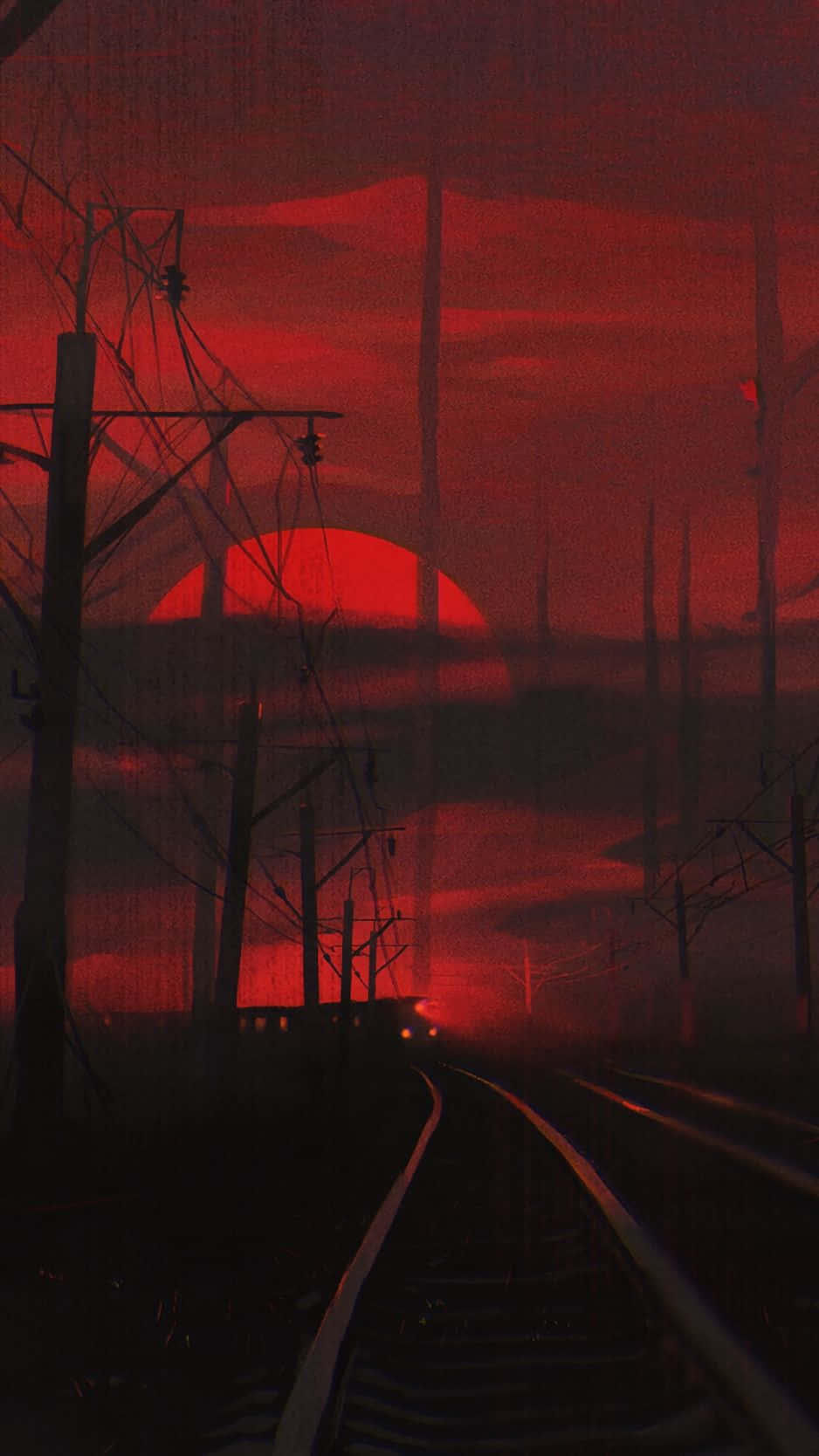 桌布 壁紙 — 一列火車在血紅色的夕陽下，沿著漆黑的鐵路駛近，電線和光禿禿的樹木形成剪影。