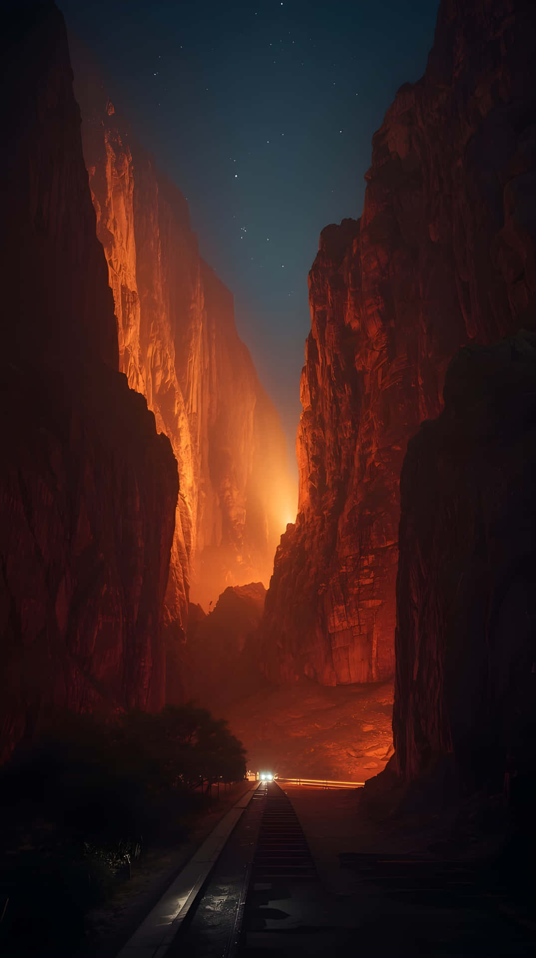 Glowing Canyon at Night 壁紙 — 一列火車從狹窄的峽谷中駛出，峽谷在繁星點點的夜空下沐浴在熾熱的橙色光芒中。