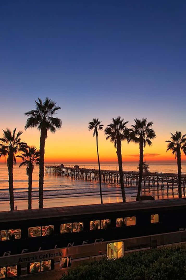 California Summer 桌布 壁紙 — 一列火車滑過棕櫚樹，夕陽將海岸碼頭上的天空染成橙色和藍色。