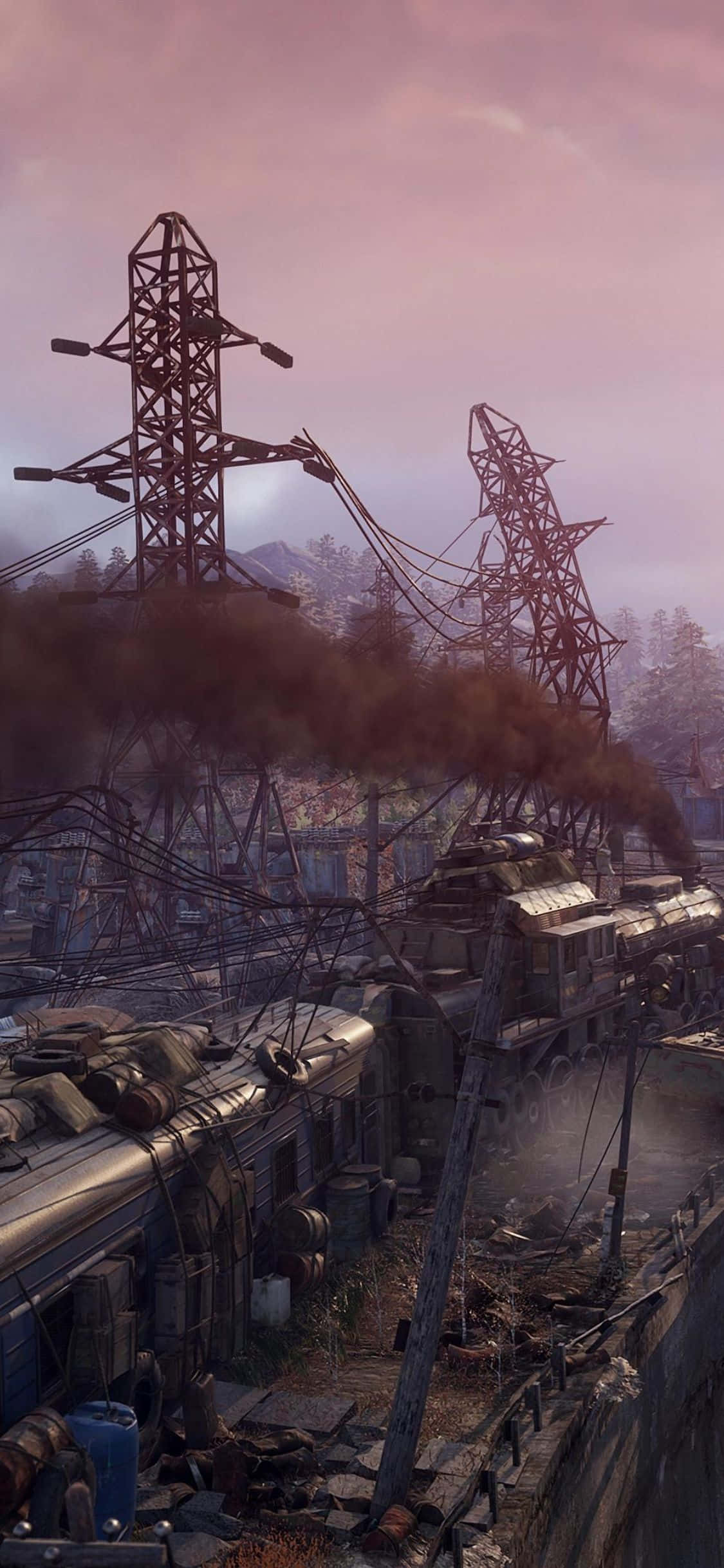 iPhone X Metro Exodus 桌布 壁紙 — 一列生鏽的火車被遺棄在纏結的電線和煙霧中，在昏暗的粉紅色天空下。