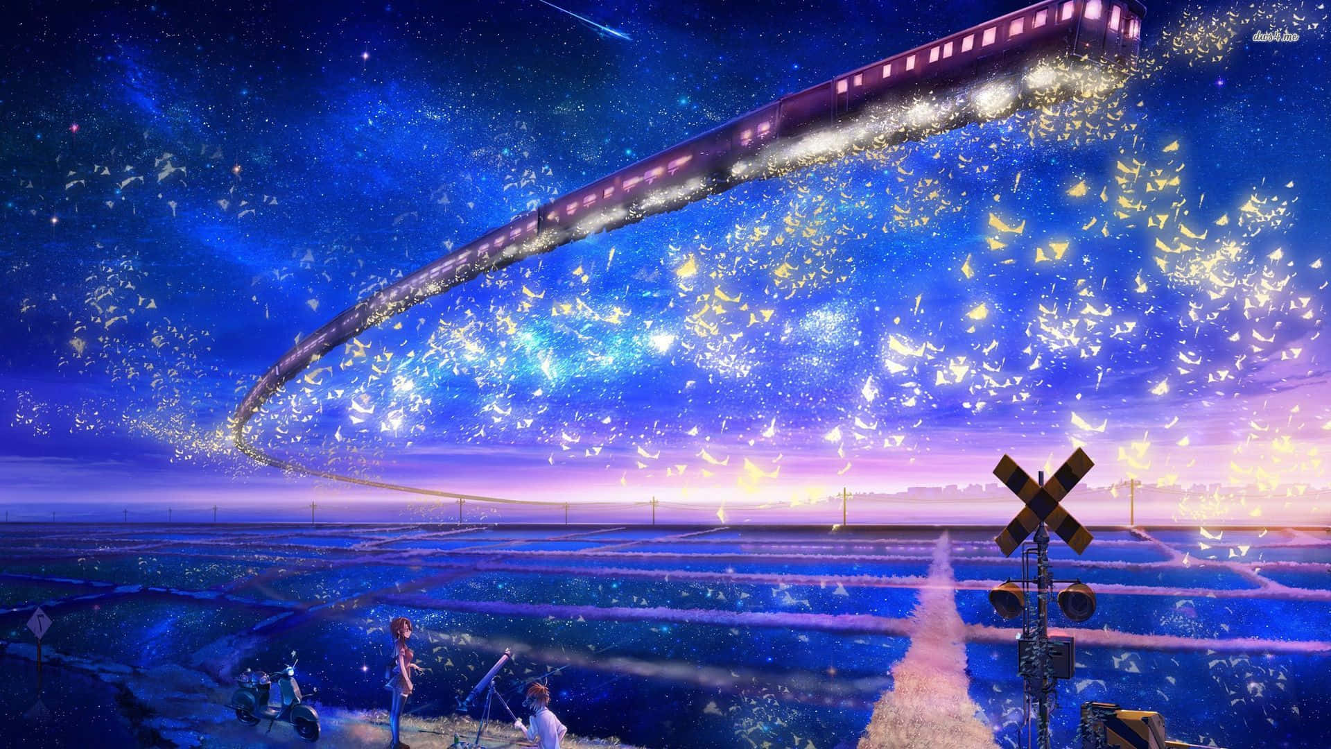 動漫風格 桌布 壁紙 — 一列發光的火車在星空暮色中劃過田野上空，留下閃爍的粒子，下方有兩個人物在觀看。