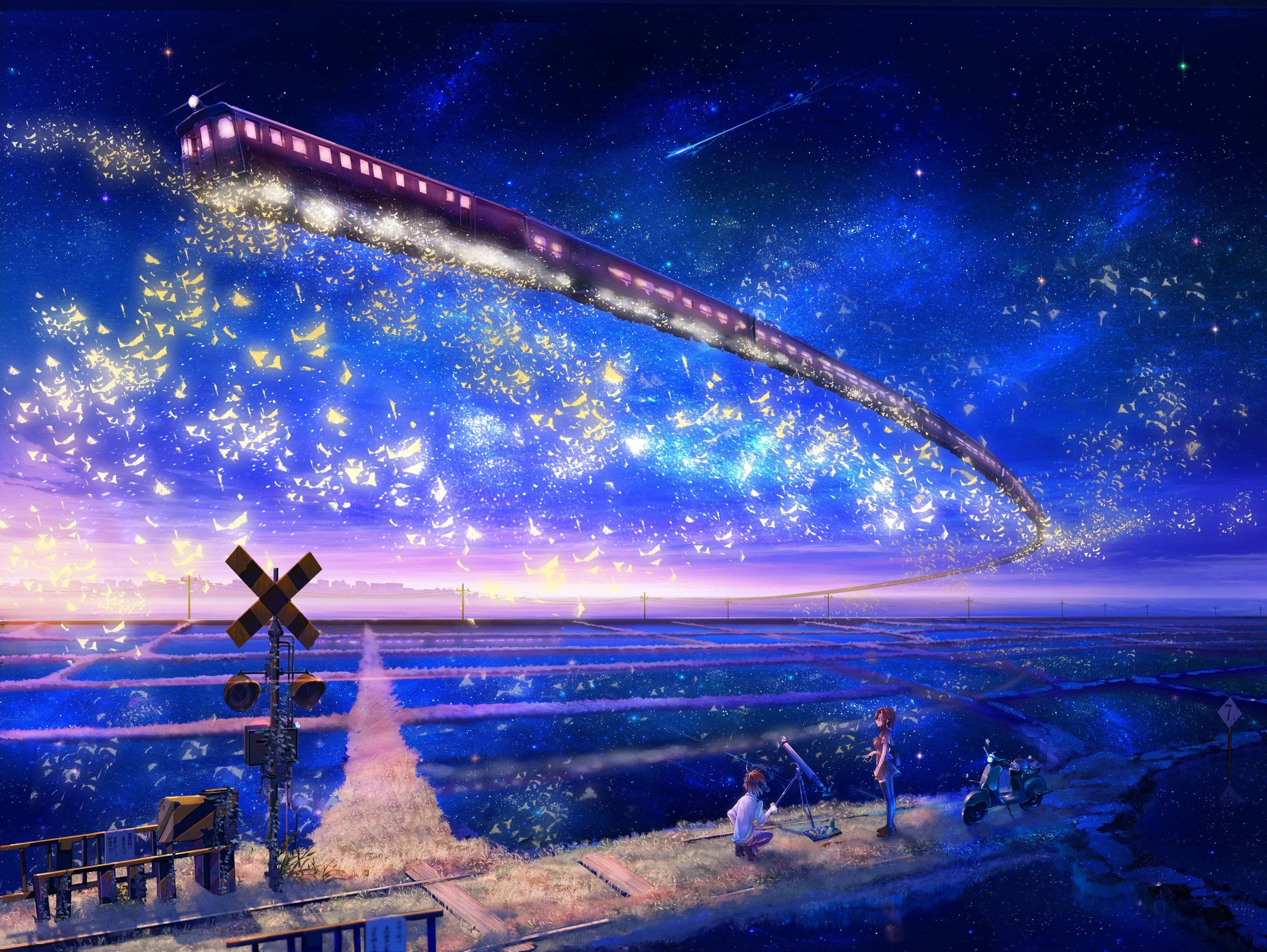 桌布 壁紙 — 一列發光的火車在繁星點點的夜空下劃過弧線，越過寧靜的田野，下方有兩個身影在觀看。