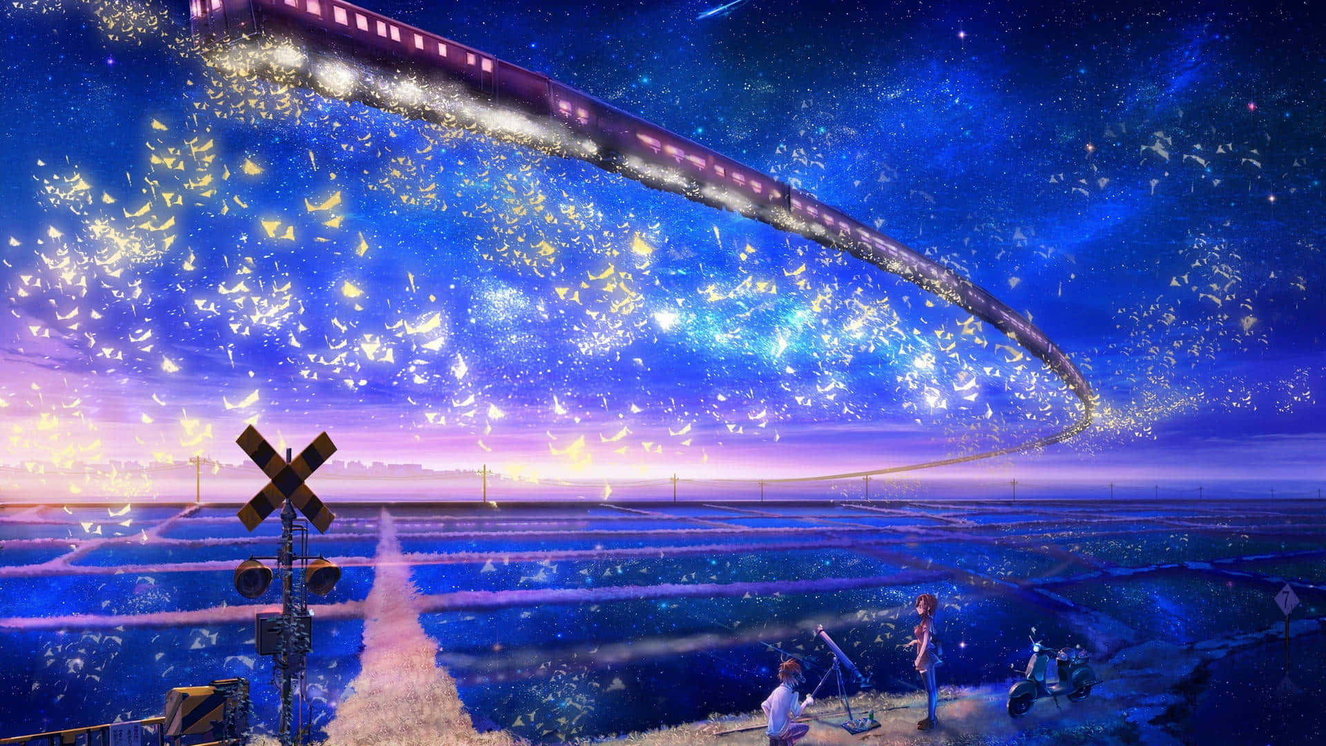 Beautiful Anime 桌布 壁紙 — 一列發光的火車在繁星點點的暮色天空中劃過弧線，飛越廣闊的藍色田野，下方有兩個身影在觀望。