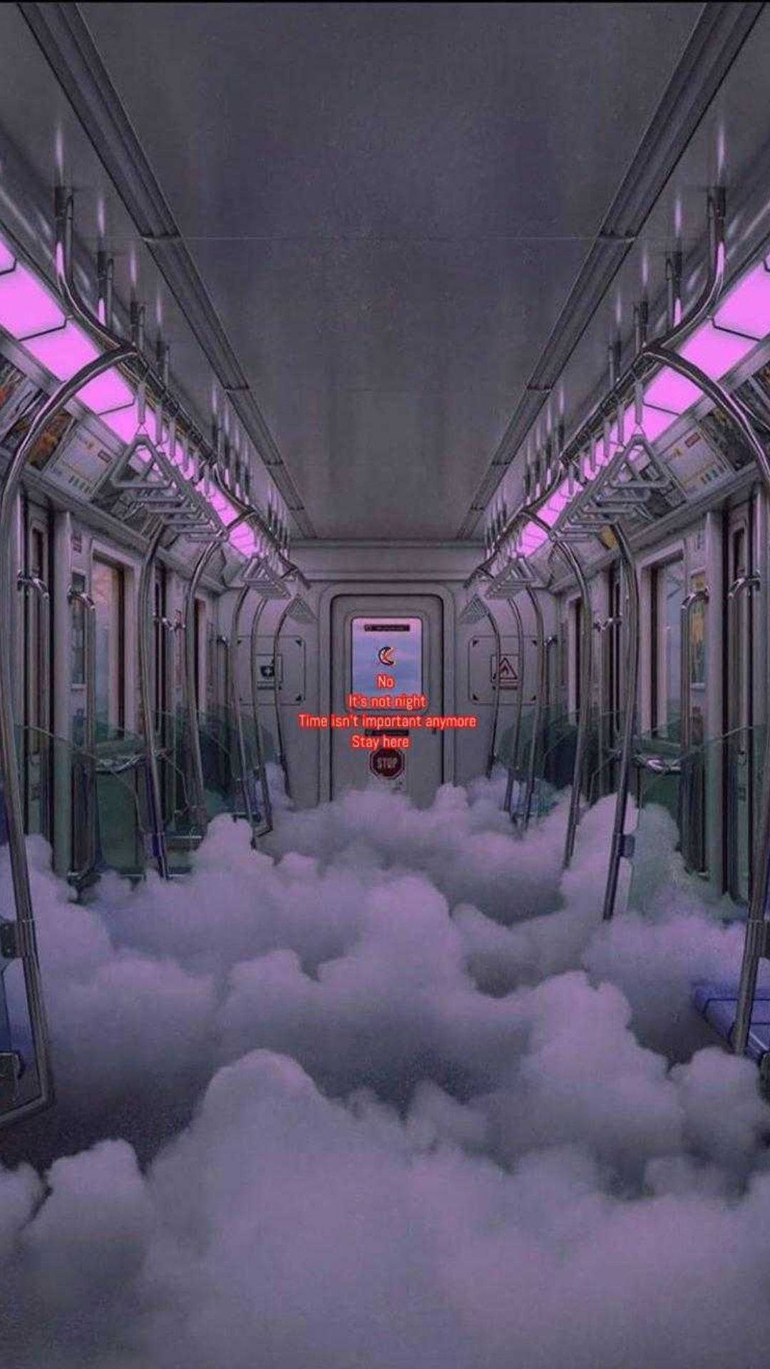 夢核 桌布 壁紙 — 一列空蕩蕩的地鐵車廂，充滿紫色雲霧和發光的燈光，門上有一條紅色訊息。