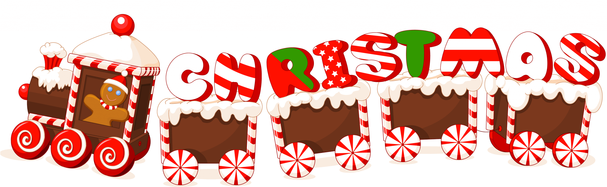 Christmas Clip Art 桌布 壁紙 — 一列節日薑餅火車，帶有拐杖糖輪子和薑餅人車長，駛過裝飾著紅白條紋的「CHRISTMAS」字母。