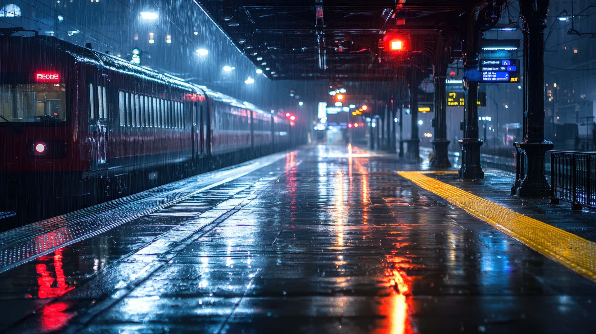 Moody Rainy Train Station at Night with Reflections and Dramatic Lighting 壁紙 — 一列紅色火車停在雨濕的車站月台上，閃爍的燈光下，倒影在濕漉漉的路面上舞動。