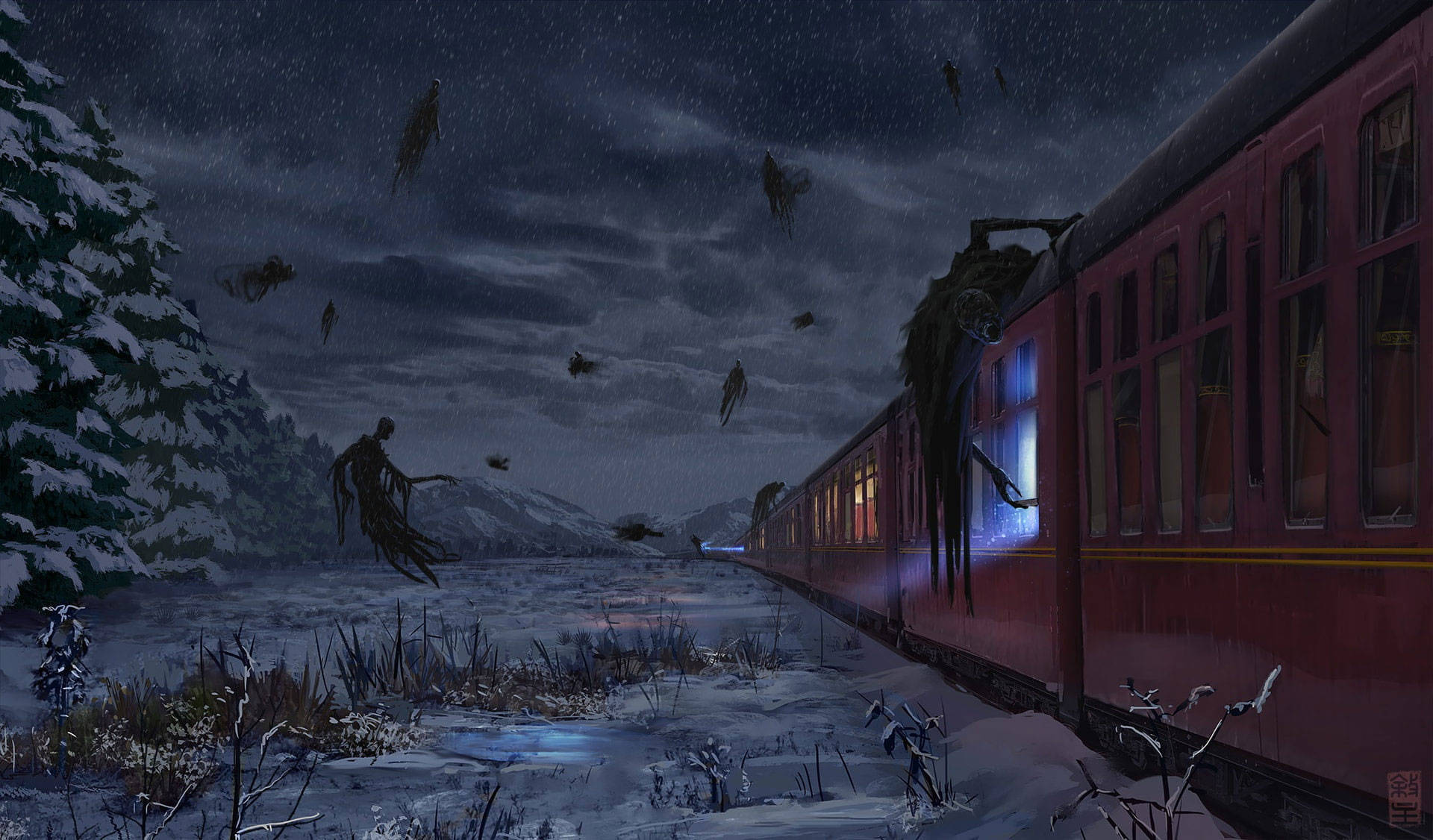 火車 桌布 壁紙 — 一列紅色火車在繁星點點的夜空下，穿過白雪皚皚的冬季景觀，空中漂浮著幽靈般的身影。