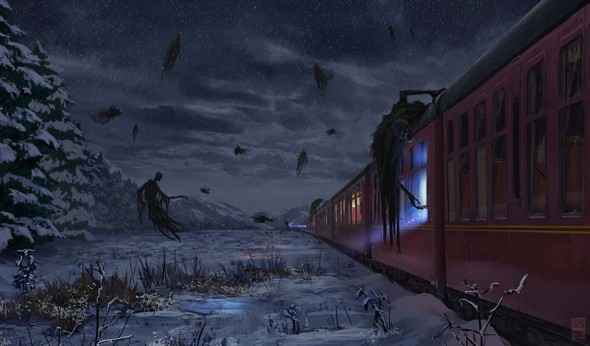 Hogwarts Express 桌布 壁紙 — 一列紅色火車在雪夜景色中滑行，而鬼影般的形體在上方星空飄蕩。
