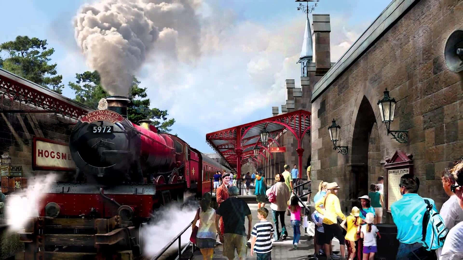 Hogwarts Express 桌布 壁紙 — 一列紅色蒸汽火車標有霍格華茲特快車，在繁忙的石頭車站冒煙，車站有遊客和城堡式建築，天空晴朗。
