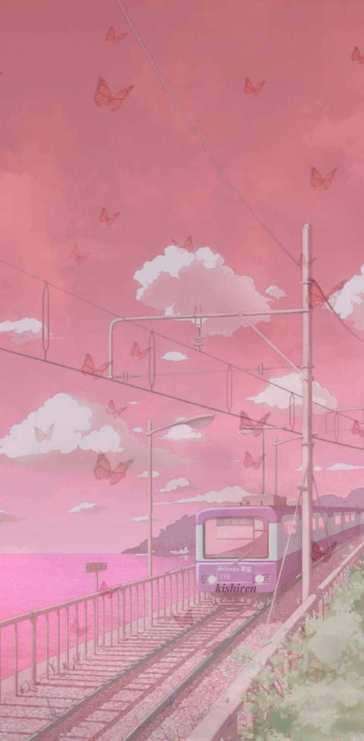 Aesthetic Anime 桌布 壁紙 — 一列紫色火車在充滿蝴蝶和蓬鬆雲朵的夢幻粉紅天空下行駛在軌道上。