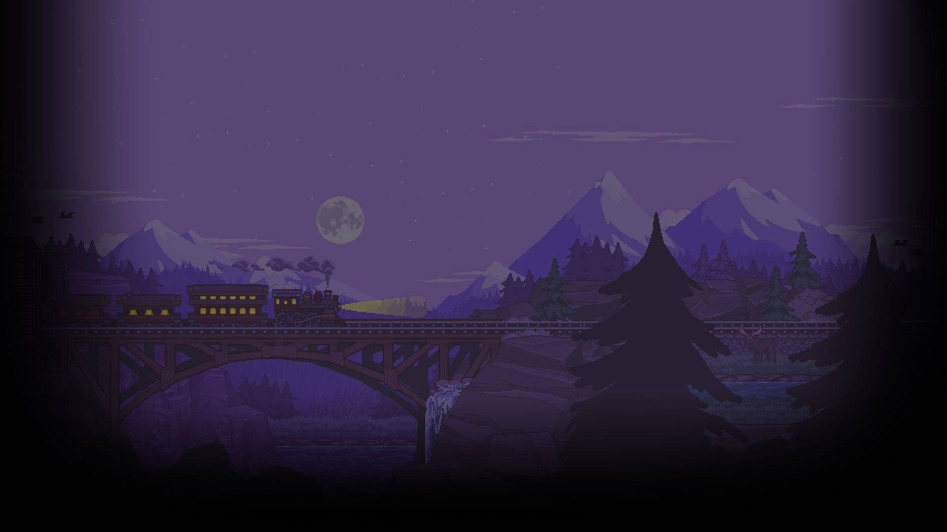 Aesthetic Pixel Art HD 桌布 壁紙 — 一列蒸汽火車在滿月下穿越橋樑，背景是紫色夜空中的雪山和松樹。