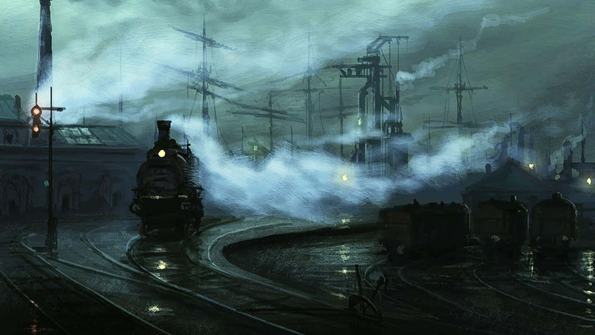 Painting 桌布 壁紙 — 一列蒸汽火車在陰天的工業車站濕滑彎道上行駛，噴出濃厚白色煙霧。