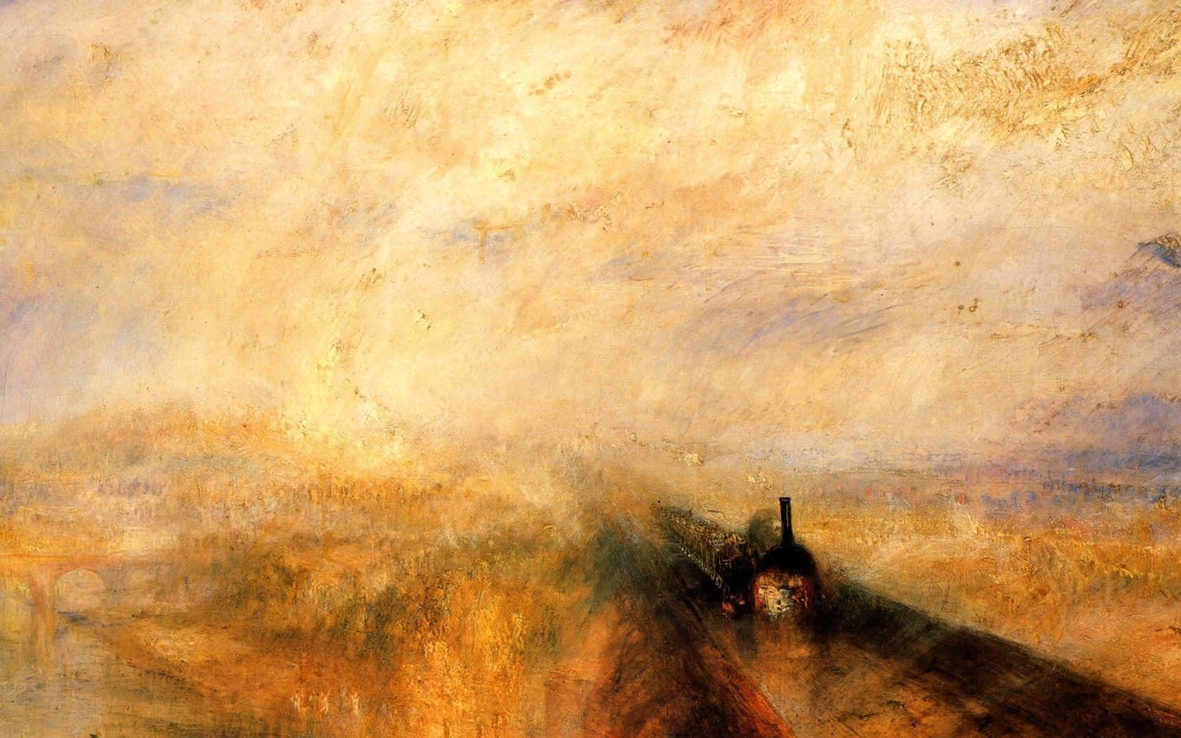 Painting 桌布 壁紙 — 一列蒸汽火車從金色迷霧中駛出，在柔和的陰天天空下，呈現如畫的風景。