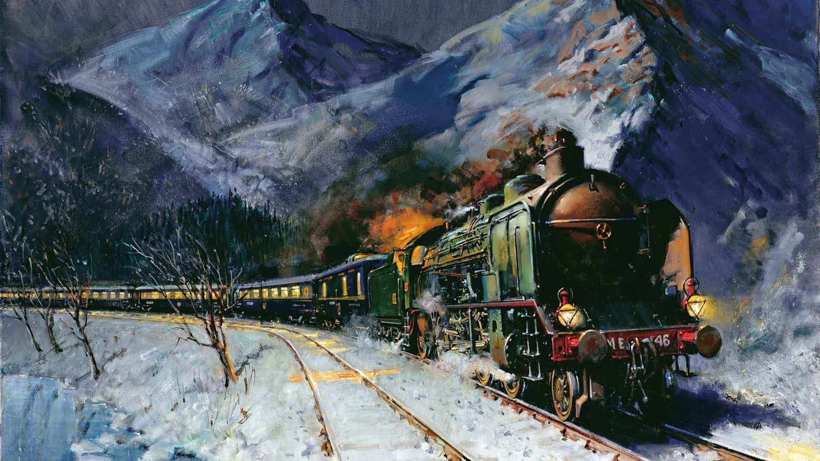 火車 桌布 壁紙 — 一列蒸汽火車穿過白雪皚皚的山口，噴出火橙色煙霧，映襯著紫色山峰。