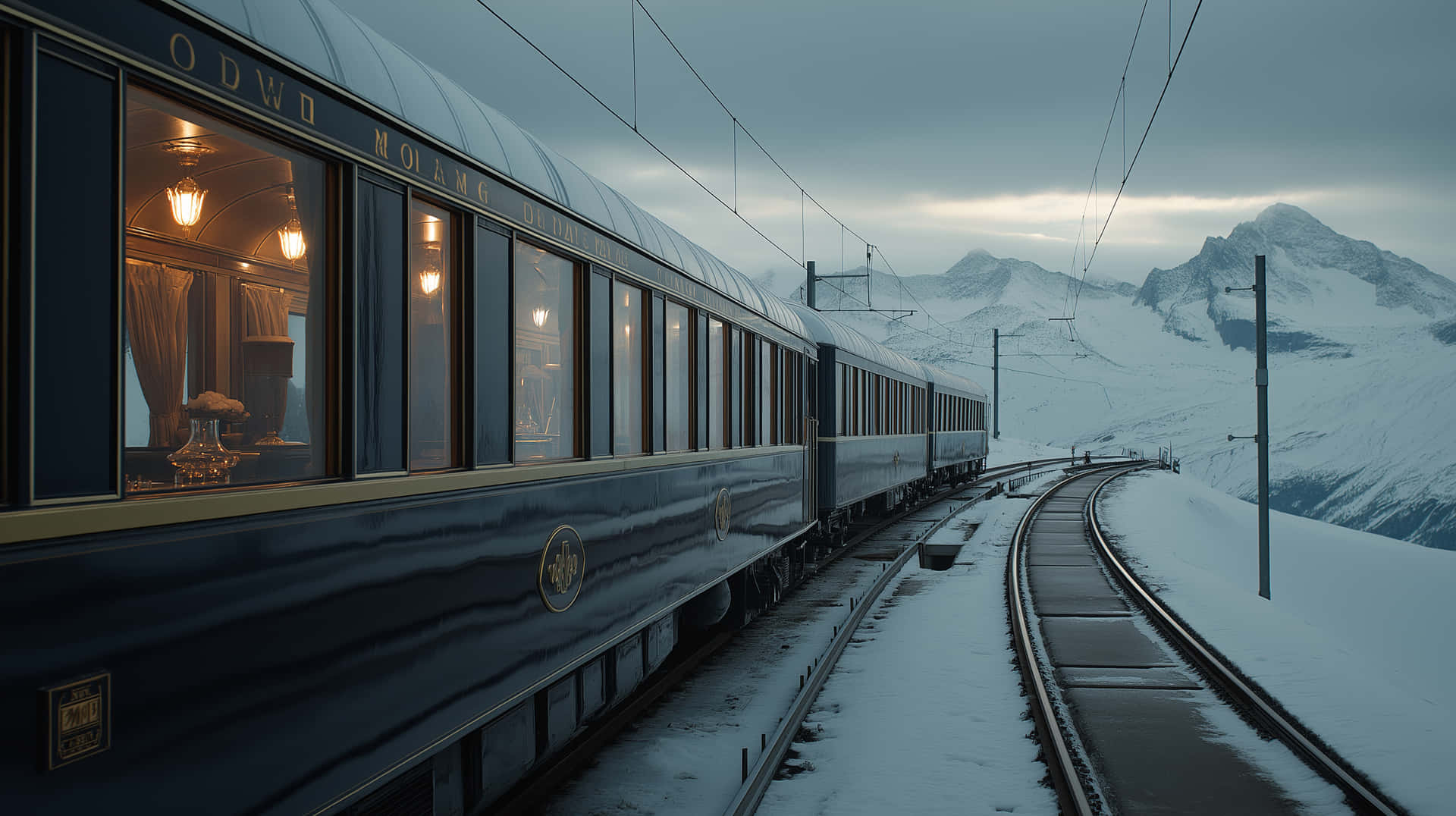 Luxury Train in Snowy Mountain Scenery 壁紙 — 一列豪華深藍色火車，飾有金色邊飾，在陰沉的暮色天空下滑過白雪覆蓋的山口。