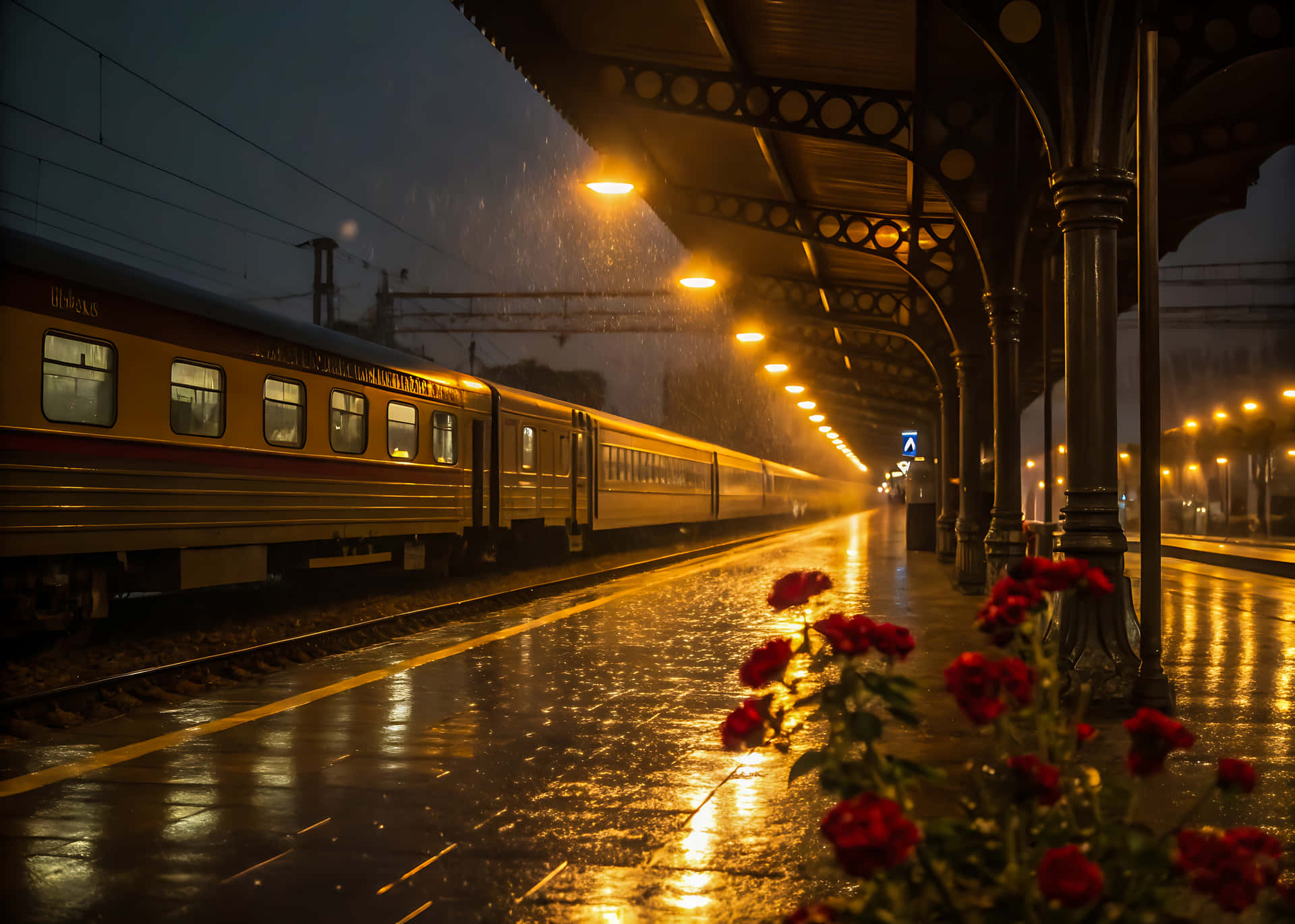 Train station platform on a rainy night with roses 壁紙 — 一列金色火車在夜間滑過被雨水浸濕的車站，溫暖的燈光映照在潮濕的月台上，旁邊是鮮豔的紅玫瑰。