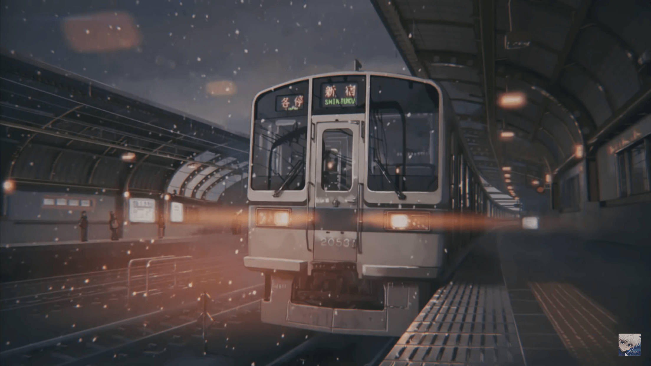 lofi 桌布 壁紙 — 一列銀色火車在星光燦爛的夜空下，伴隨著閃爍的燈光和飄落的雪花，抵達一個積雪的車站月台。