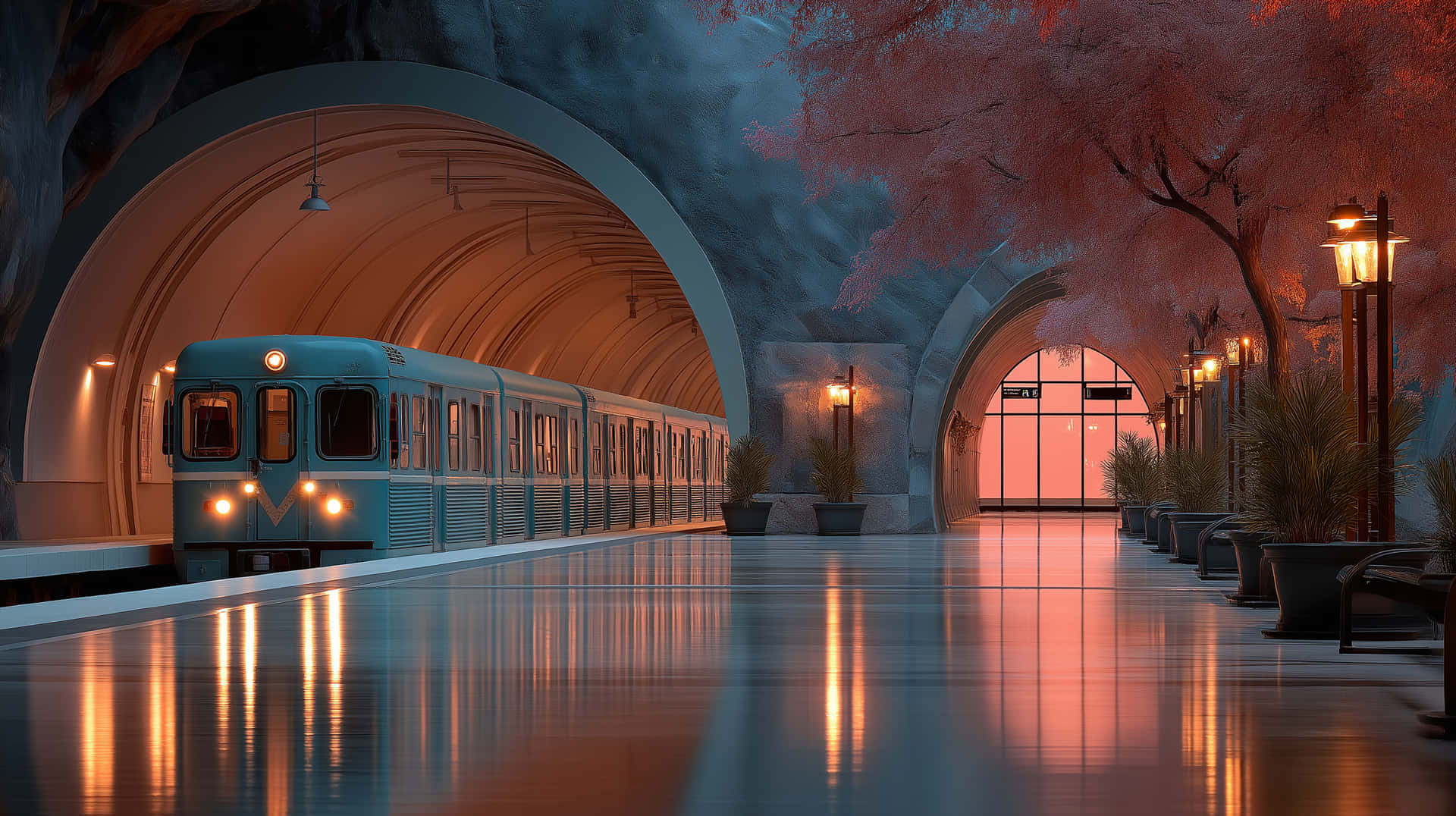 Surreal Stockholm Metro Station with Cherry Blossom Hues 壁紙 — 一列青綠色火車從隧道駛出，進入一個沐浴在溫暖夕陽光線下的車站，車站有櫻花和發光的燈籠。