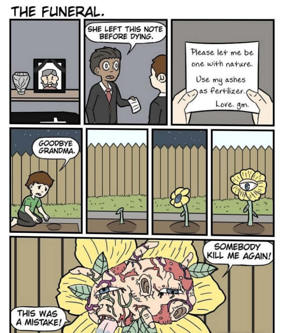 Dark Humor 桌布 壁紙 — 一則連環漫畫顯示一個男孩埋葬祖母的骨灰，骨灰長成一朵向日葵，上面有一隻眼睛和一張尖叫的臉。