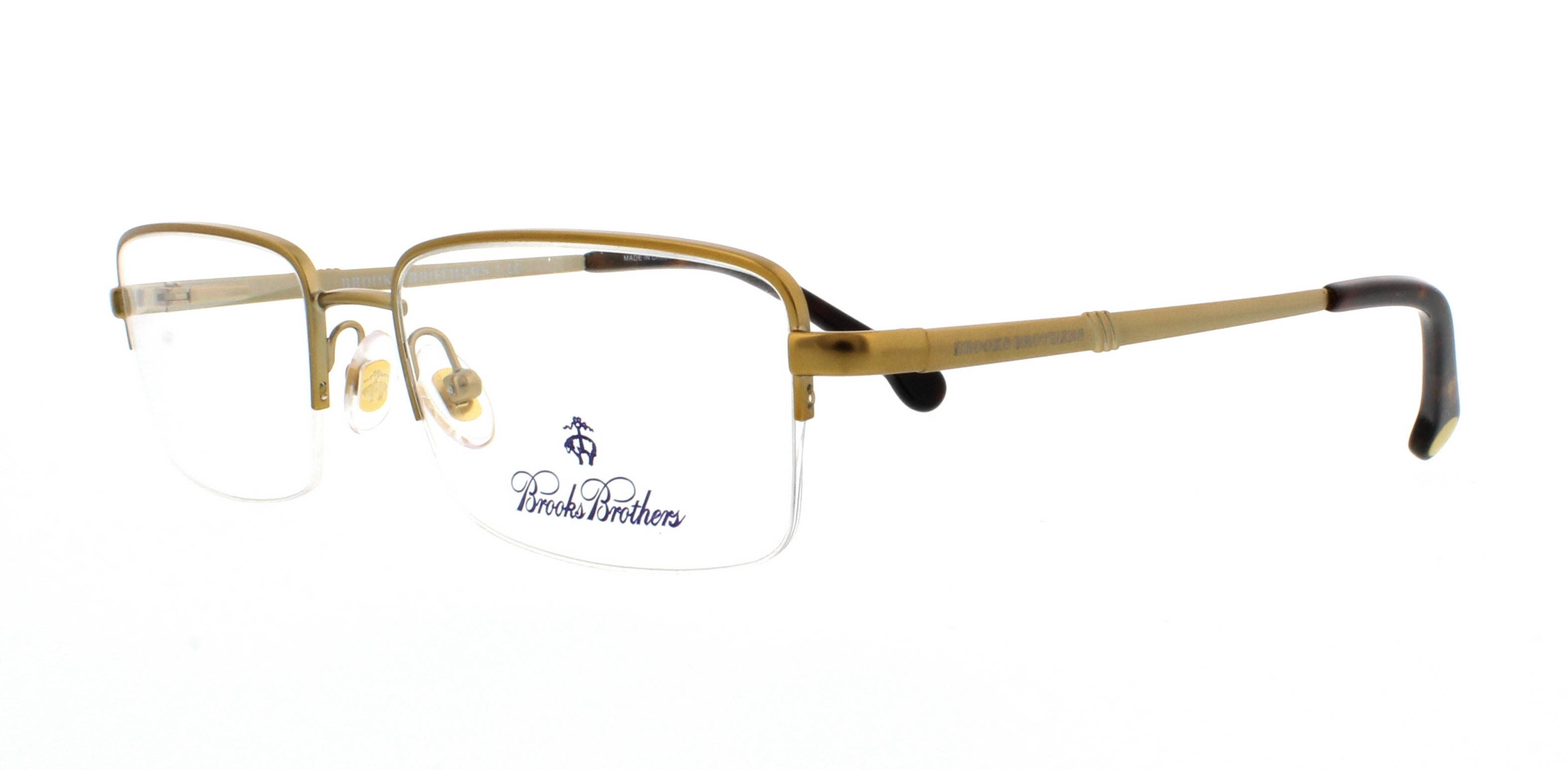 glasses 桌布 壁紙 — 一副Brooks Brothers眼鏡，金色金屬鏡框搭配玳瑁色鏡腿尖端，置於潔白背景上。