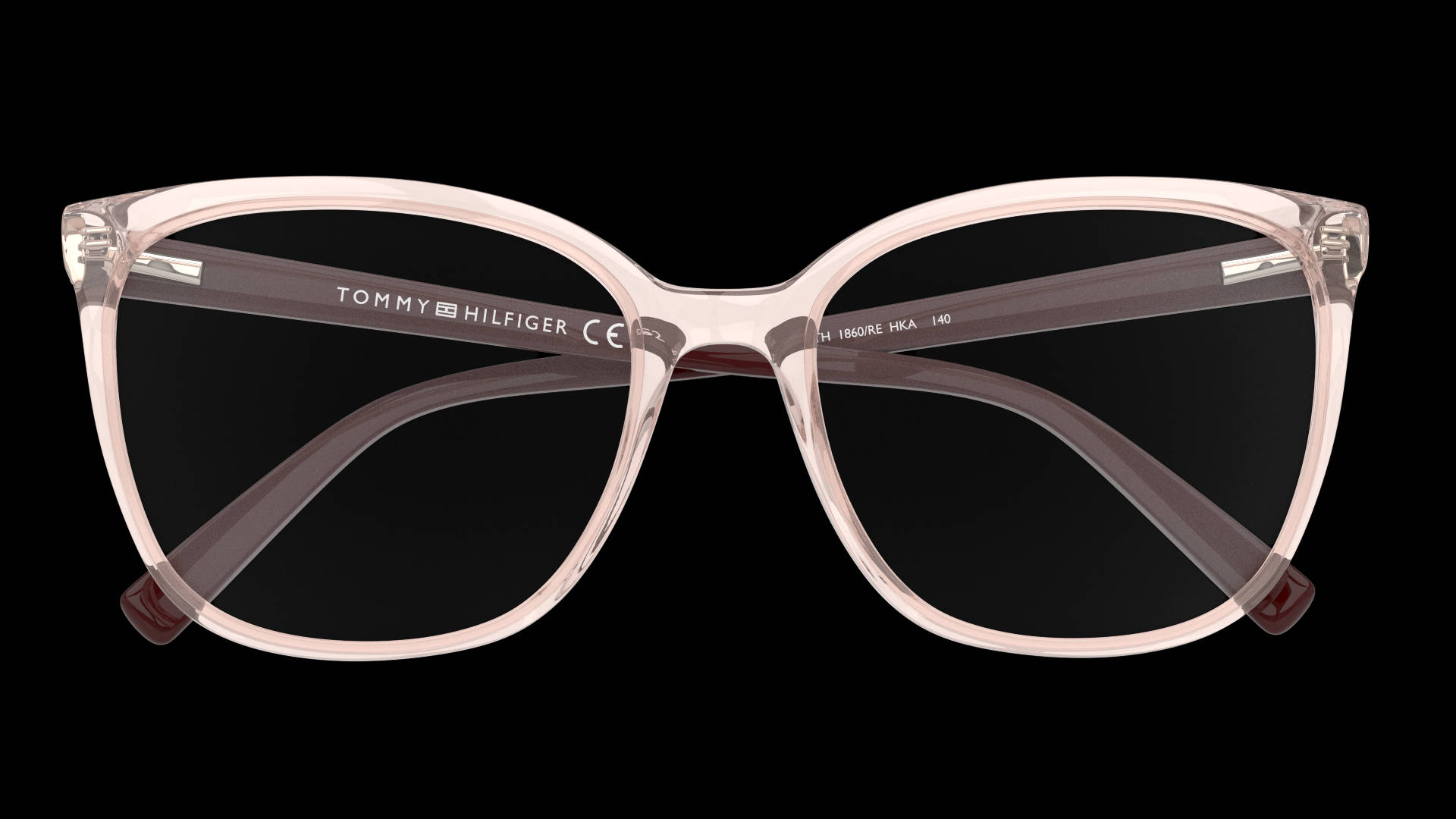 glasses 桌布 壁紙 — 一副半透明粉紅色框的Tommy Hilfiger眼鏡，搭配深色鏡片，置於純黑背景上。