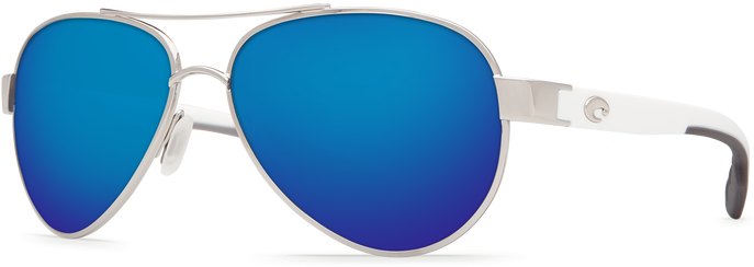 Aviator 桌布 壁紙 — 一副時尚的白色飛行員太陽眼鏡，帶有鮮豔的藍色鏡面鏡片，展示在乾淨的黑色背景上。