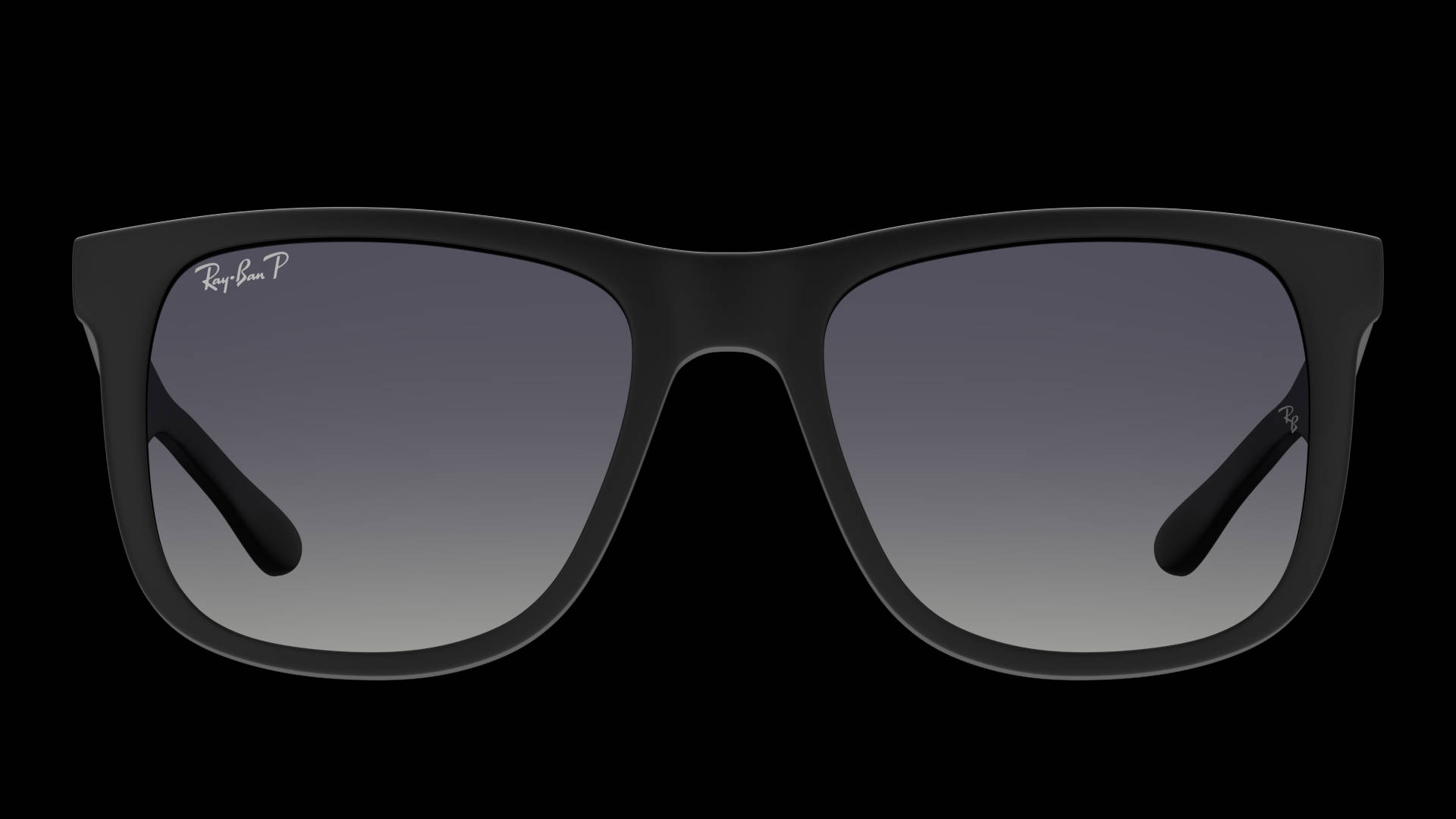 Sunglasses 桌布 壁紙 — 一副時尚的霧面黑色 Ray-Ban 太陽眼鏡，帶有漸層灰色鏡片，置於純黑色背景中央。