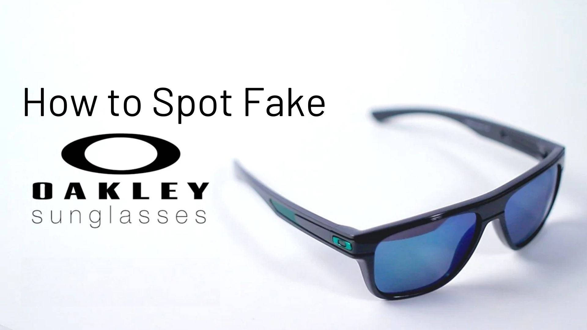 Sunglasses 桌布 壁紙 — 一副時尚的黑色Oakley太陽眼鏡，配備藍色鏡面鏡片，放在白色表面上，旁邊有粗體文字解釋如何識別假冒的Oakley太陽眼鏡。