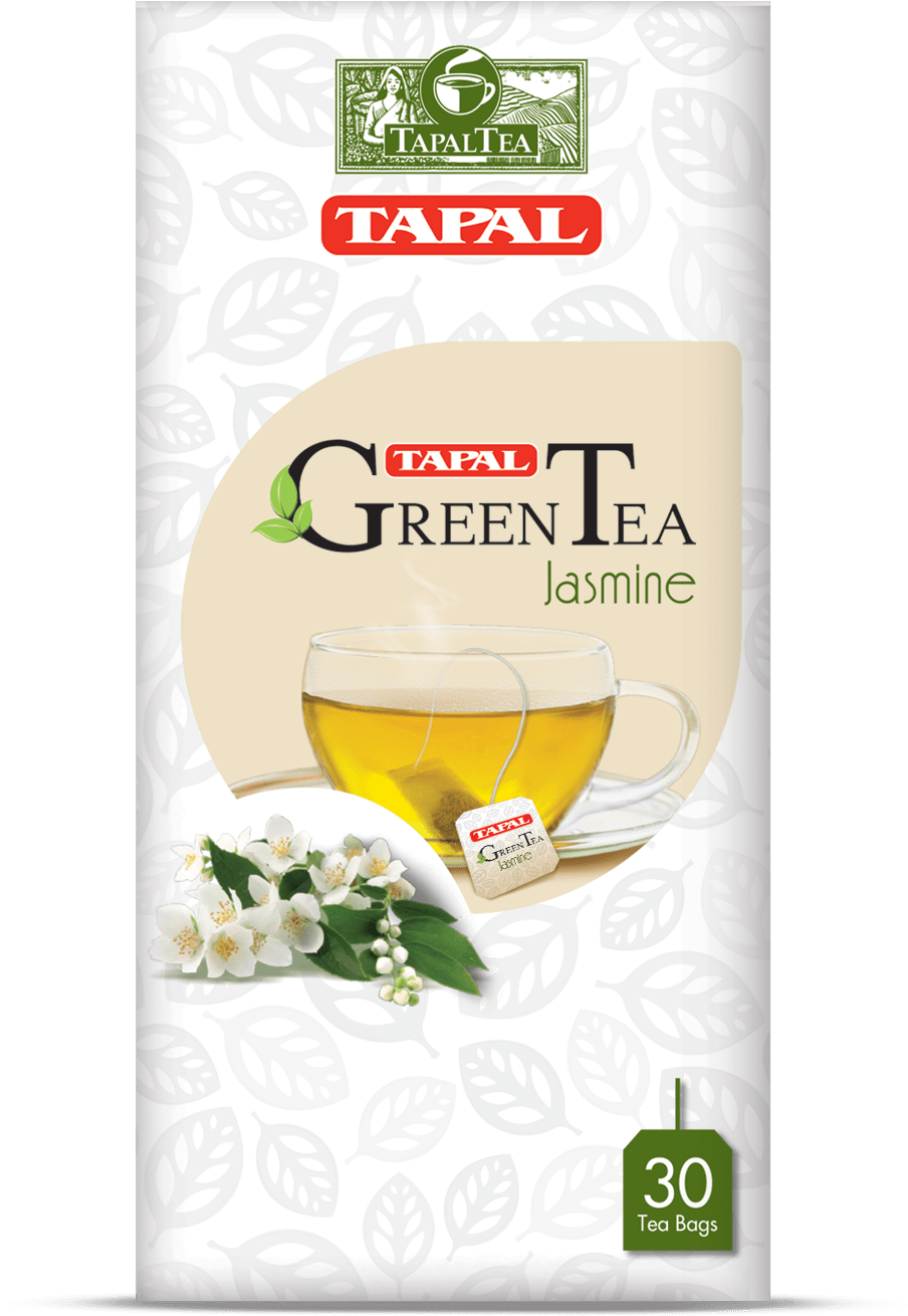 茶 桌布 壁紙 — 一包Tapal綠茶茉莉花茶，以葉紋背景襯托一杯冒煙的茶和新鮮的白花。
