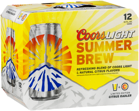 citrus 桌布 壁紙 — 一包亮黃色的 Coors Light Summer Brew 12罐裝，帶有山脈圖案和柑橘風味文字。