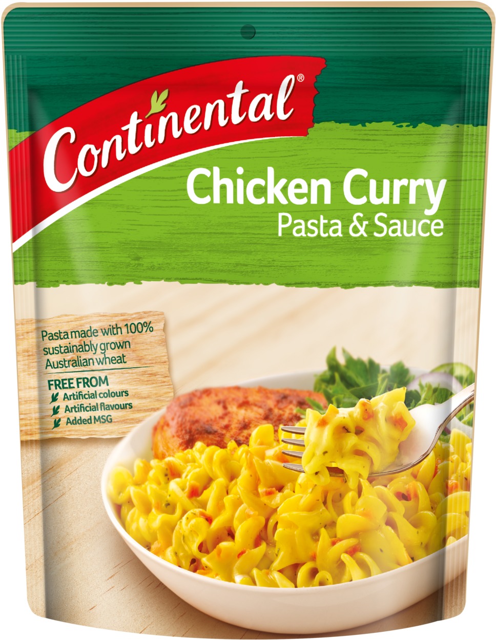 Pasta 桌布 壁紙 — 一包充滿活力的 Continental Chicken Curry Pasta & Sauce，包含一碗黃色義大利麵配咖哩醬和一件雞肉。