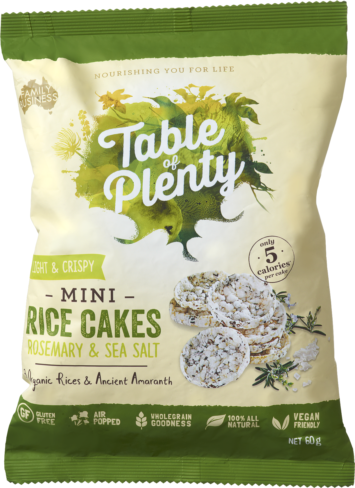 花椰菜 桌布 壁紙 — 一包充滿活力的綠色和奶油色包裝的Table of Plenty迷你米餅，配以迷迭香和海鹽，展示酥脆質地和健康聲稱。