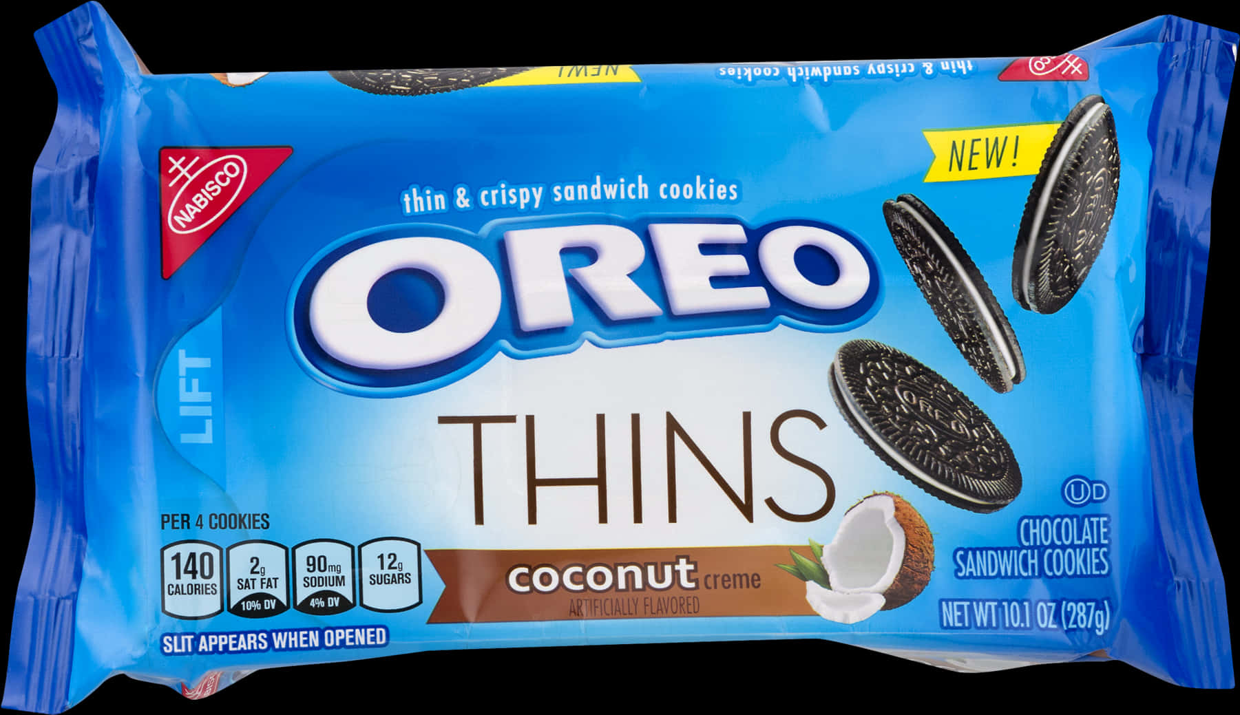 餅乾 桌布 壁紙 — 一包充滿活力的藍色Oreo Thins椰子奶油夾心餅乾，帶有漂浮餅乾視覺效果和營養資訊。