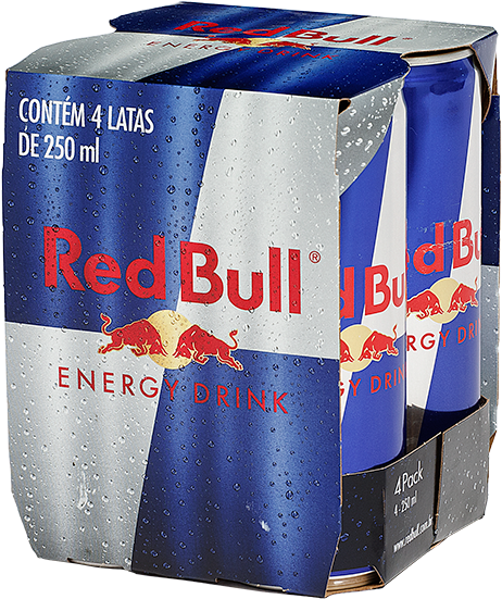 紅牛 桌布 壁紙 — 一包四罐冰涼的Red Bull能量飲料，金屬藍銀色紙板托架上帶有冷凝水滴。