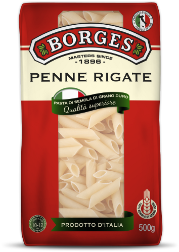 義大利麵 桌布 壁紙 — 一包鮮紅色的Borges Penne Rigate義大利麵，透明窗口顯示內裡的淡黃色筆管麵。