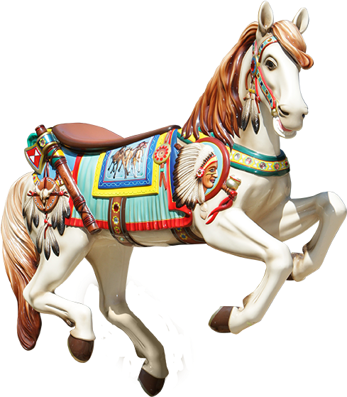 horses 桌布 壁紙 — 一匹充滿活力的旋轉木馬，帶有美洲原住民圖案，向前奔馳，裝飾著色彩繽紛的馬鞍和羽毛韁繩。