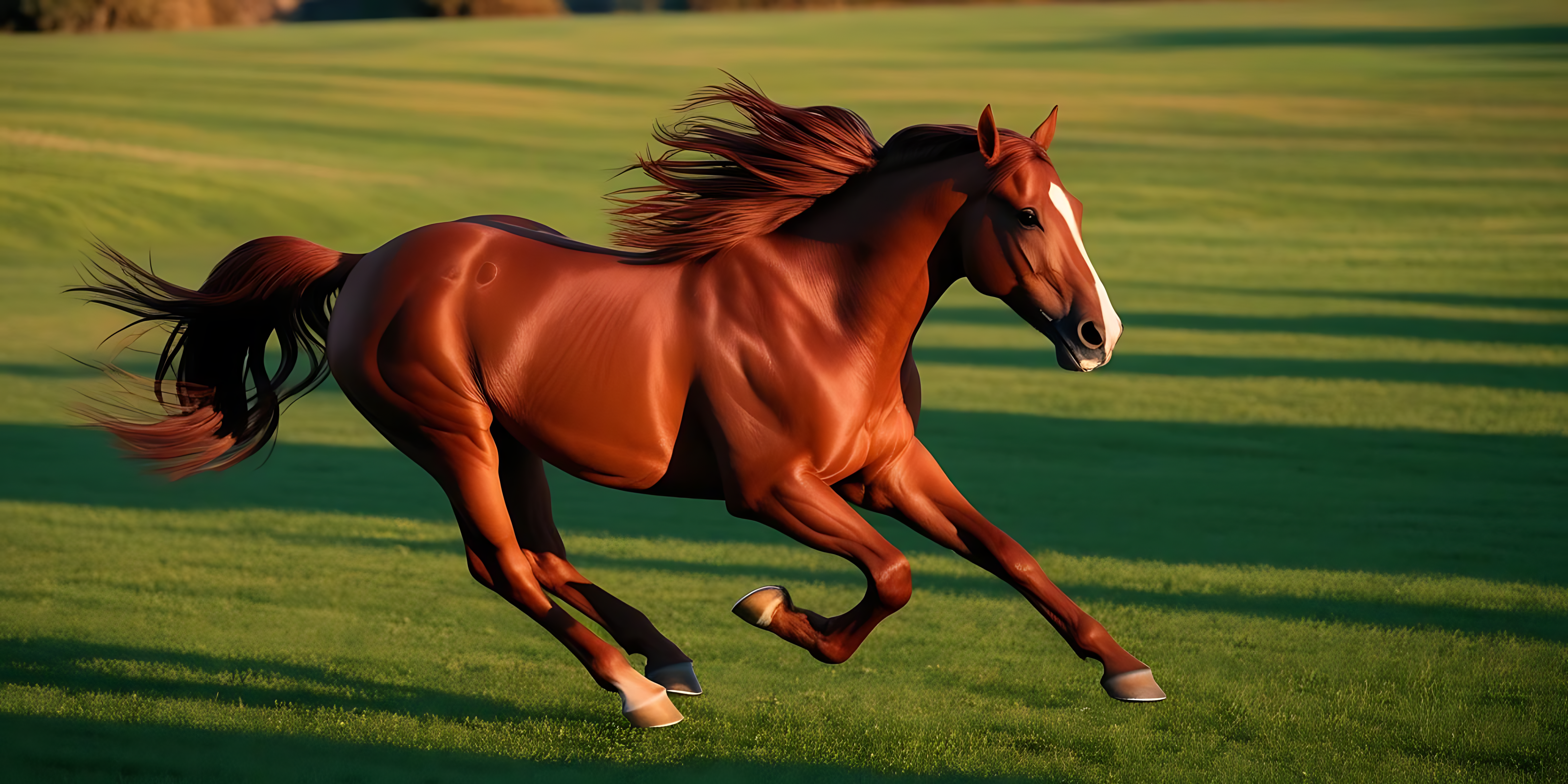 Sprint 桌布 壁紙 — 一匹光澤的栗色馬在陽光明媚的綠色田野上強勁奔馳，鬃毛和尾巴隨風飄揚。