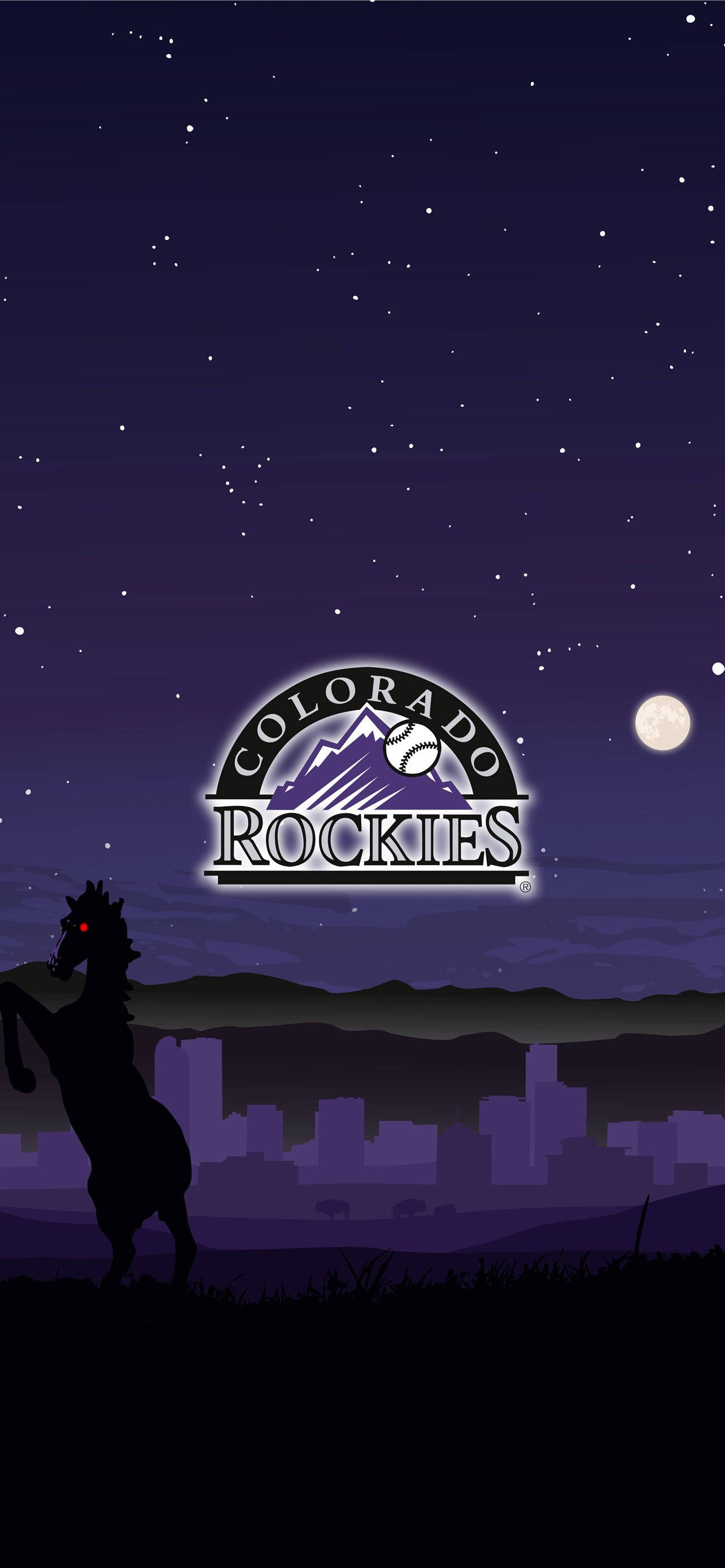 Rockies 桌布 壁紙 — 一匹剪影馬匹站在城市天際線前，背景是滿月、星空和科羅拉多洛磯隊標誌。