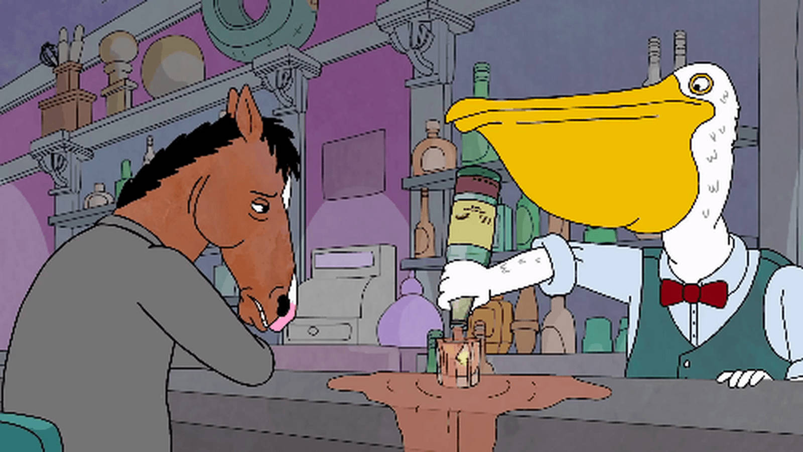 bojack 桌布 壁紙 — 一匹卡通馬無精打采地坐在酒吧，而一隻鵜鶘酒保正在倒飲料，酒吧燈光昏暗，帶有紫色調。