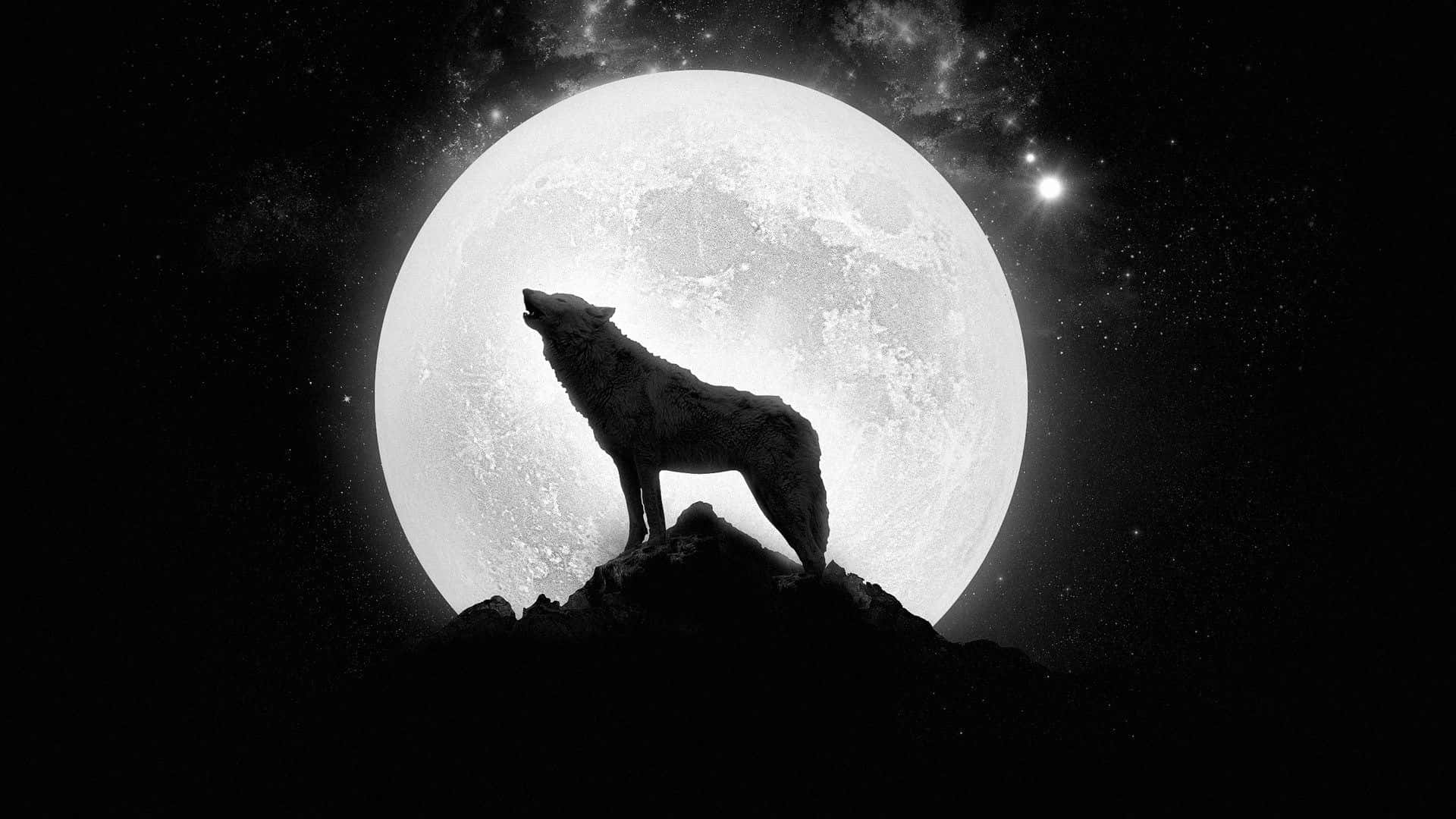 Epic Wolf 桌布 壁紙 — 一匹孤狼在岩石山峰頂上，對著巨大的發光月亮和滿天星斗的夜空嚎叫。