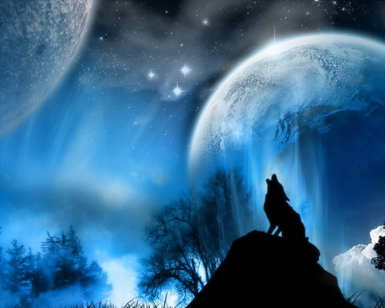 Black Wolf 桌布 壁紙 — 一匹孤狼在懸崖頂上嚎叫，星空下有兩顆發光的月亮和層疊的極光。