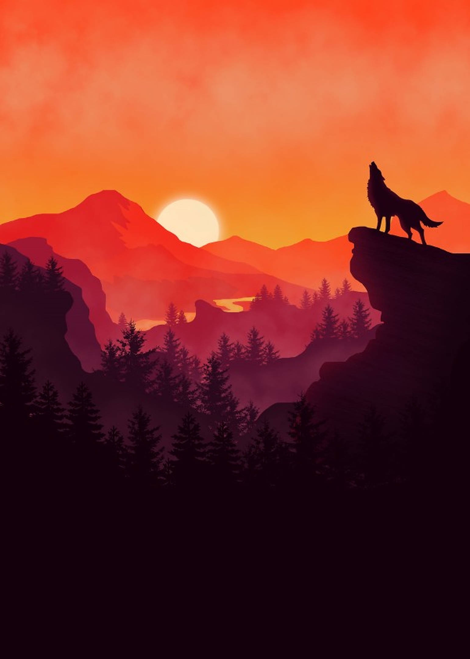 夕陽天空 桌布 壁紙 — 一匹孤狼在懸崖頂上對著夕陽下火紅的橙色天空嚎叫，下方是層層疊疊的山巒剪影和松樹林。